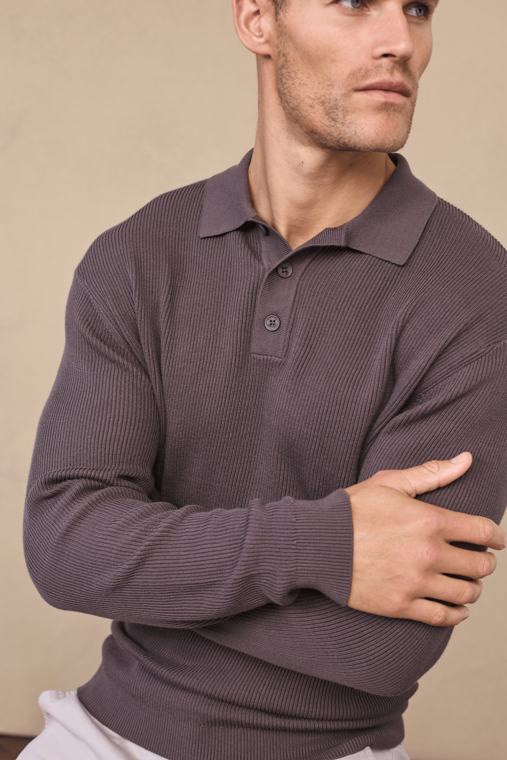 Angus Rib Knit Polo - Mushroom