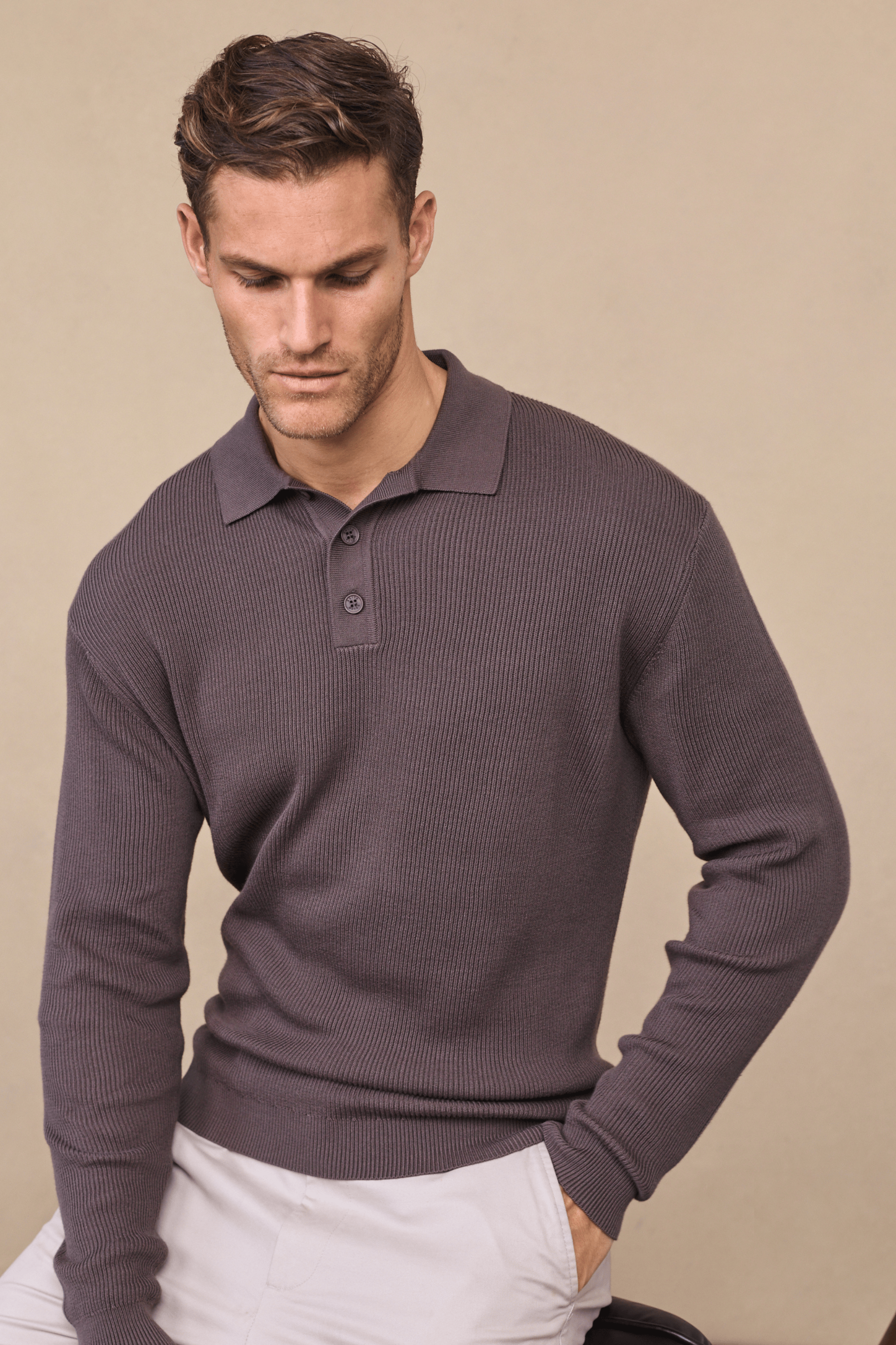 Angus Rib Knit Polo - Mushroom