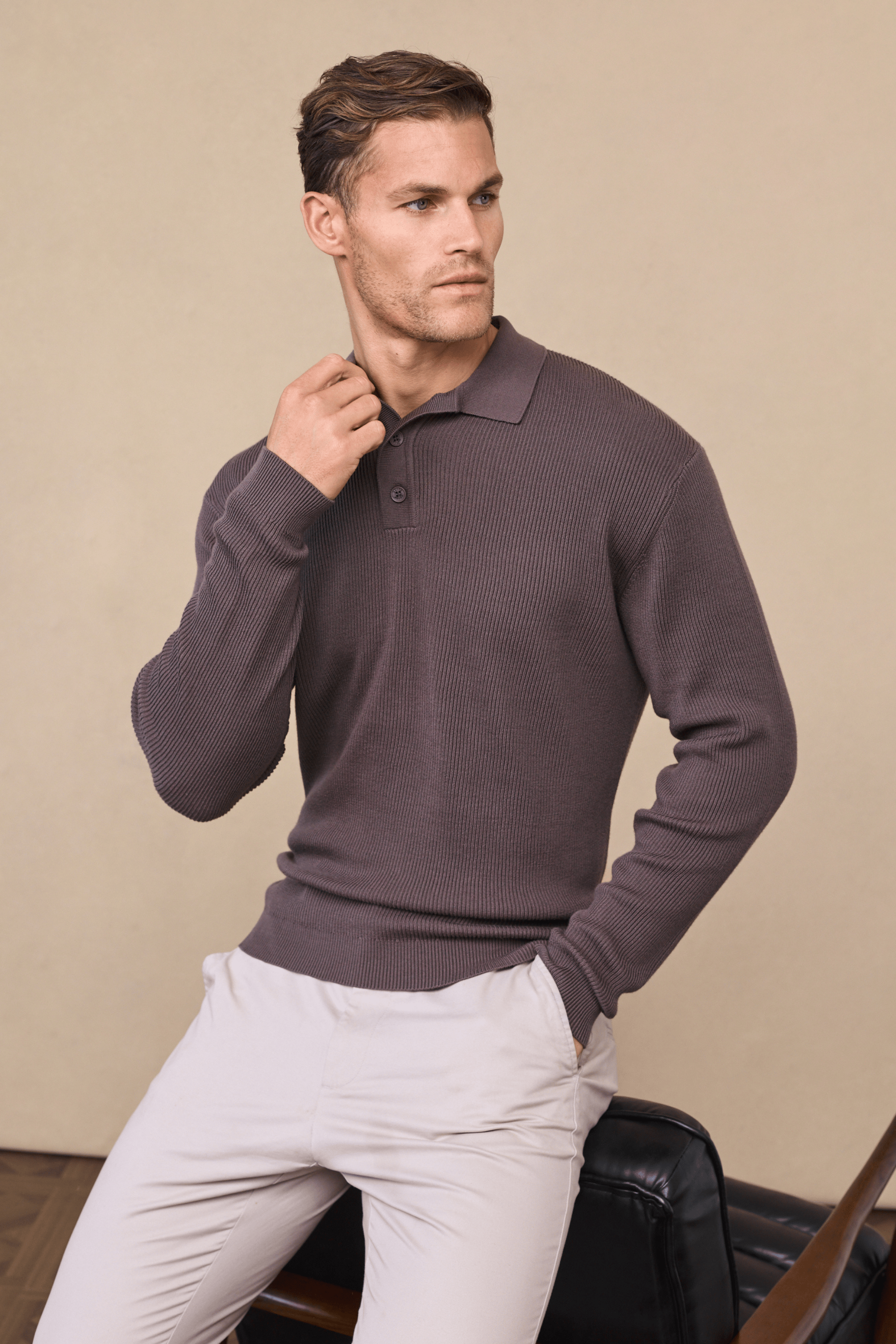 Angus Rib Knit Polo - Mushroom