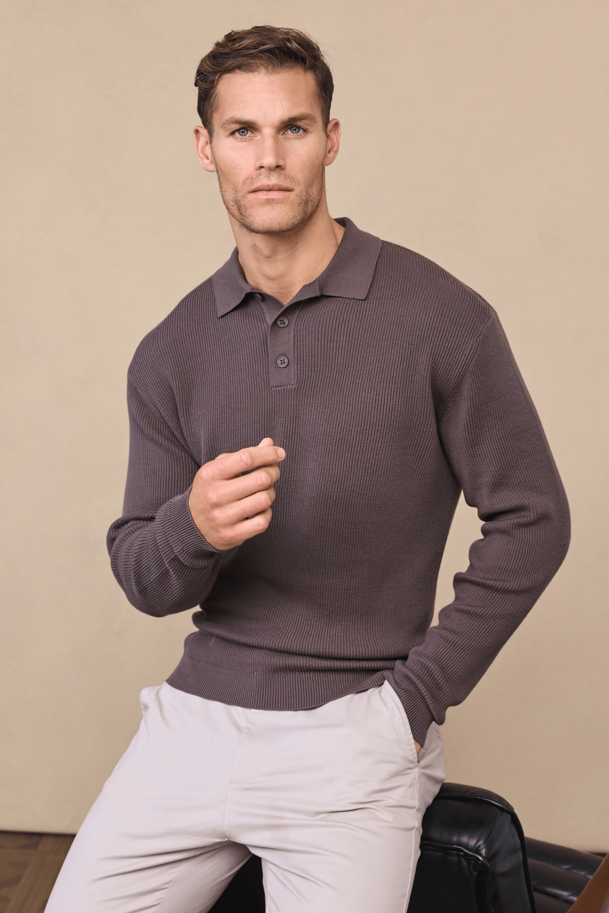 Angus Rib Knit Polo - Mushroom