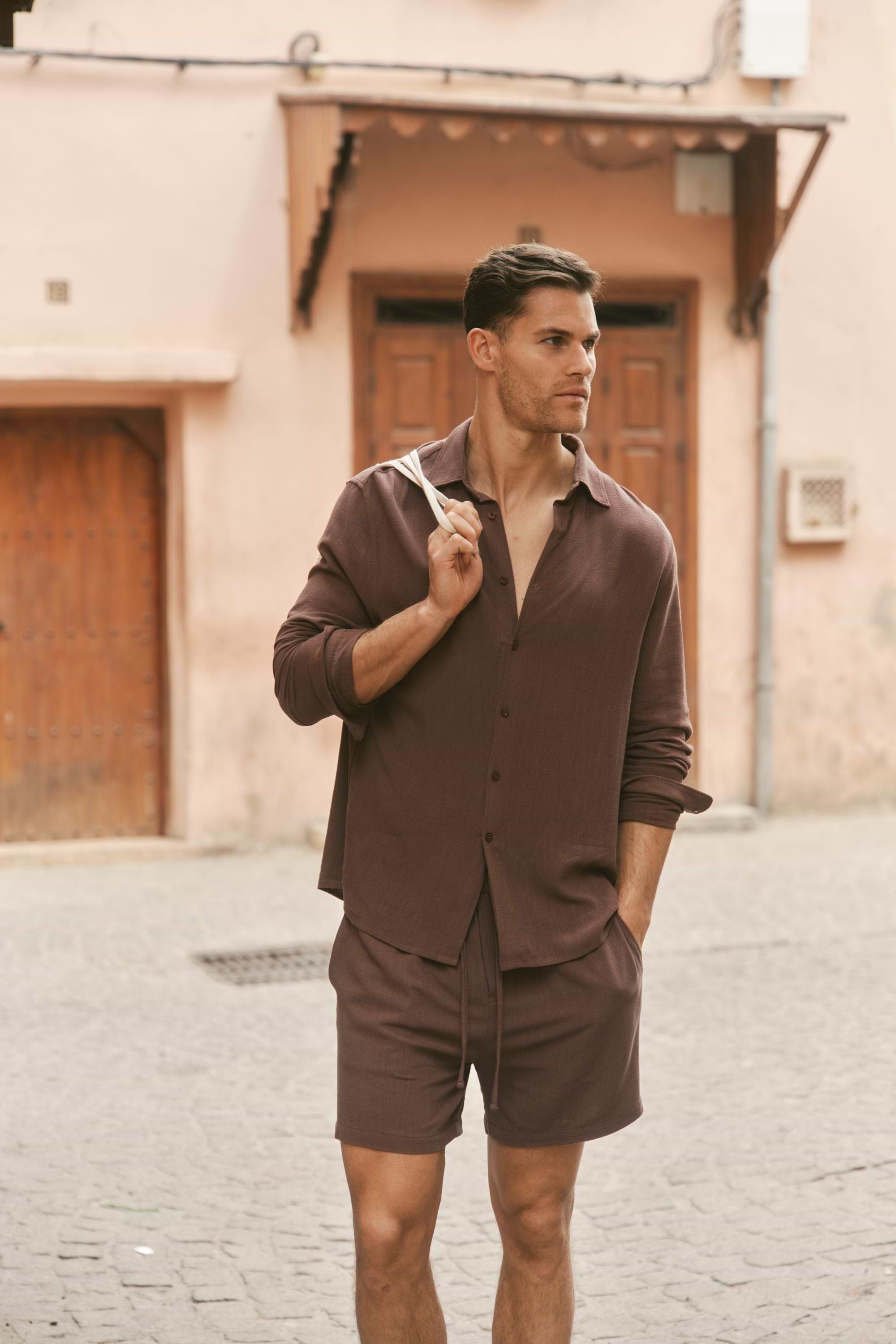 Cami Linen Classic Collar Shirt - Brown