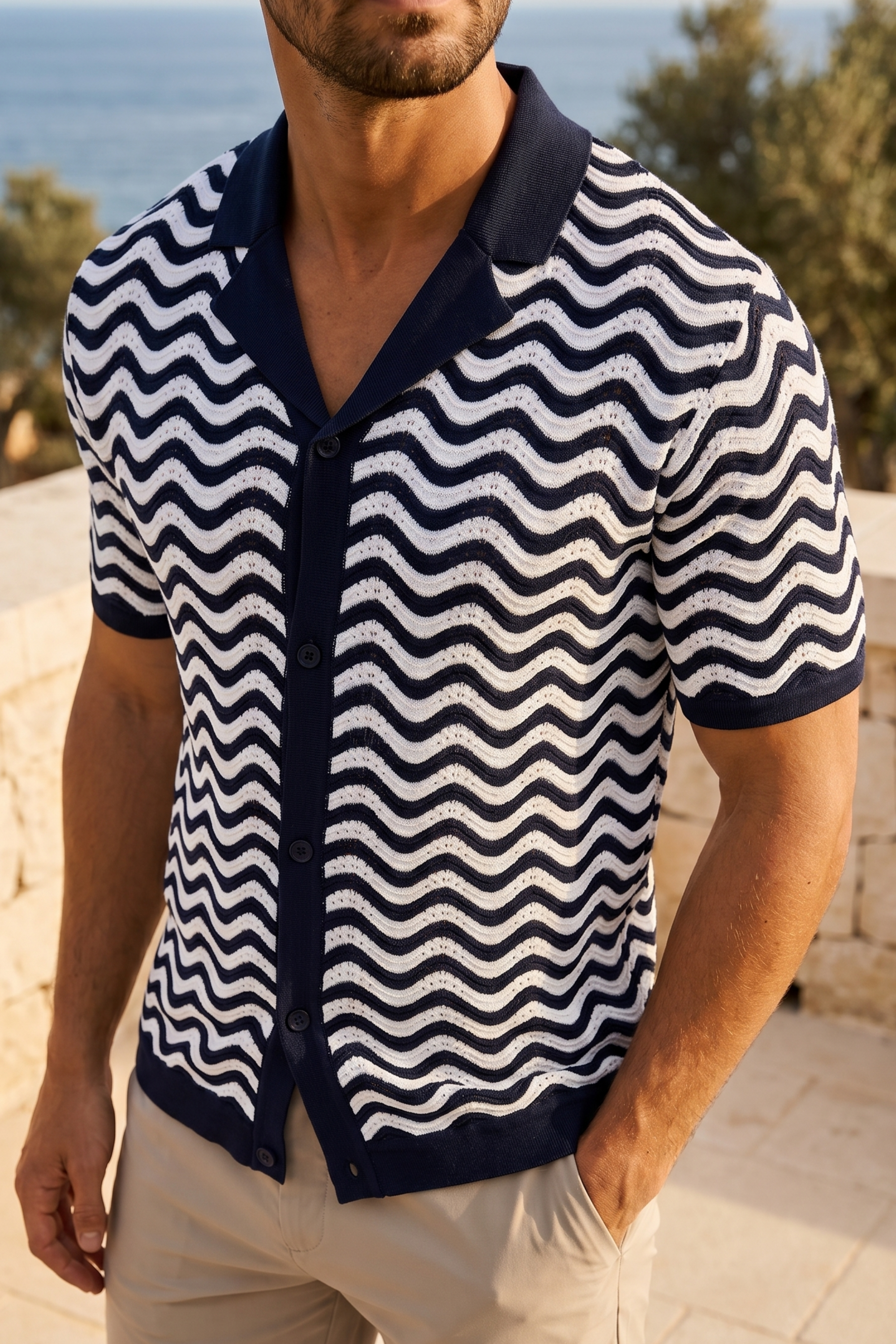 Serenita Knitted Shirt - Ecru/Navy