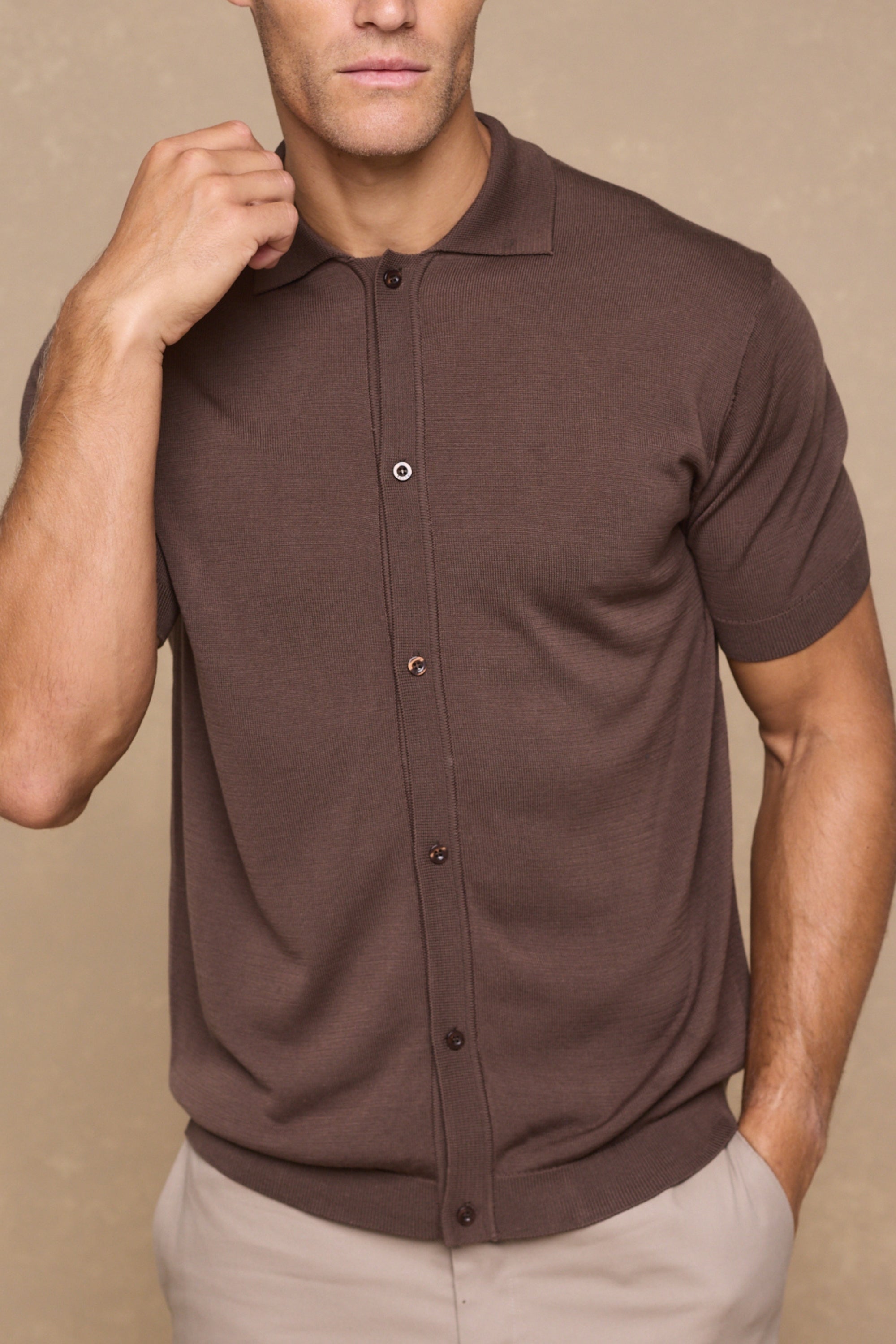 Pedro Button Through Short Sleeve Knitted Shirt - Brown