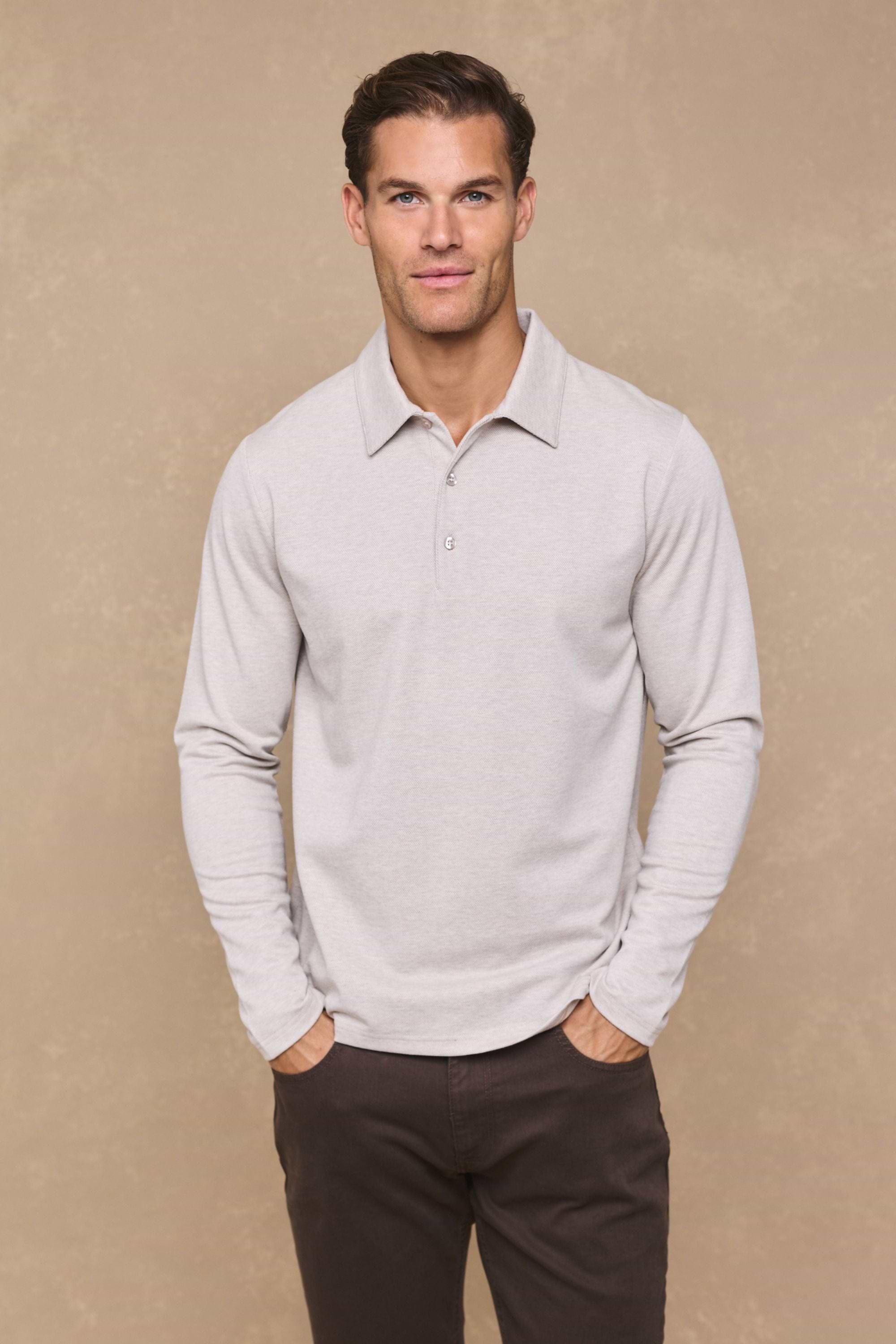 Santino Long Sleeve Half Button Polo - Oatmeal