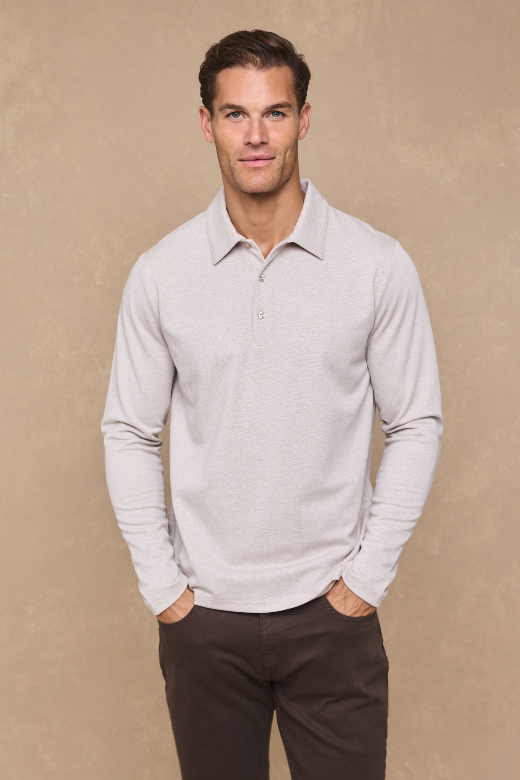 Santino Long Sleeve Half Button Polo - Oatmeal