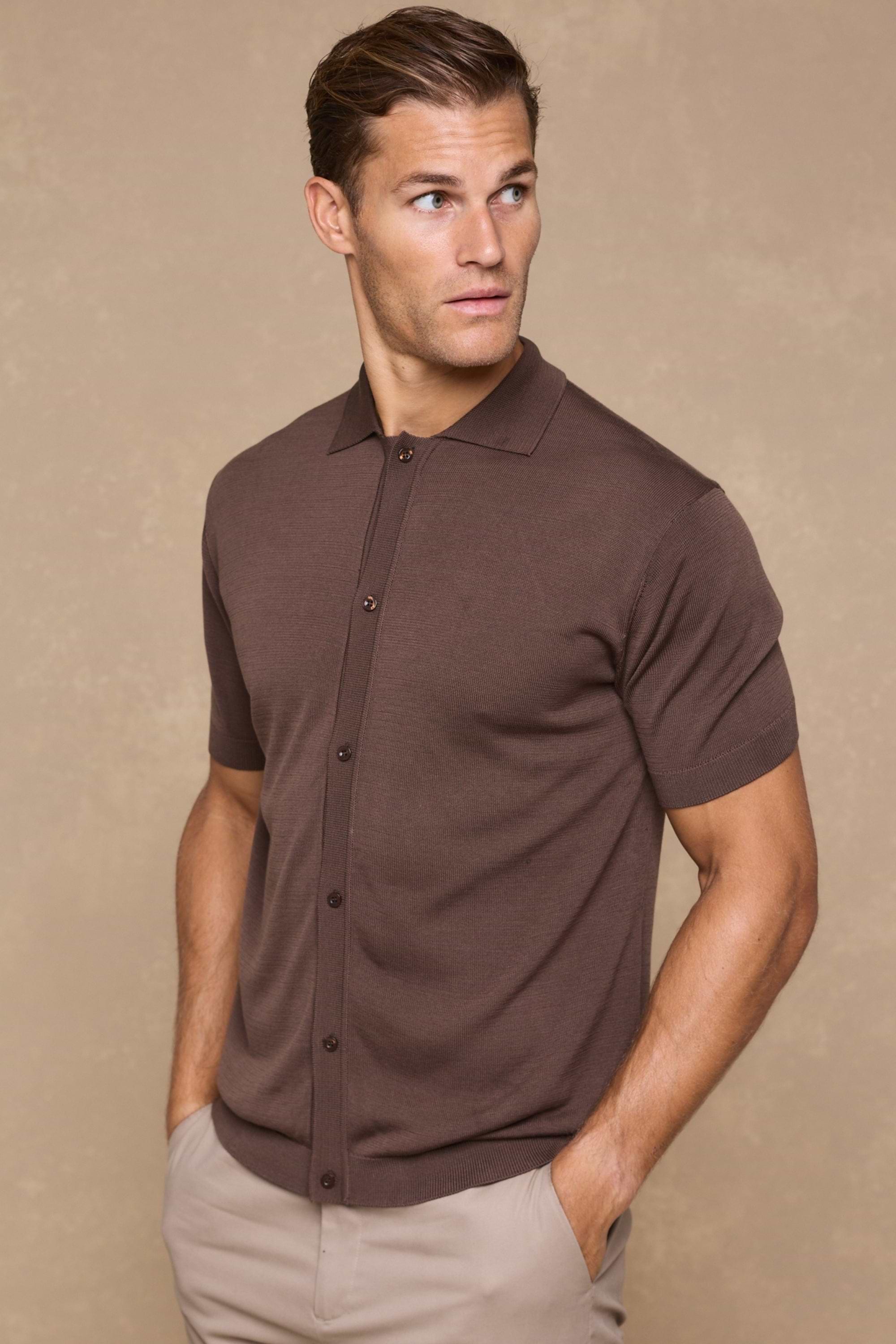 Pedro Button Through Short Sleeve Knitted Shirt - Brown