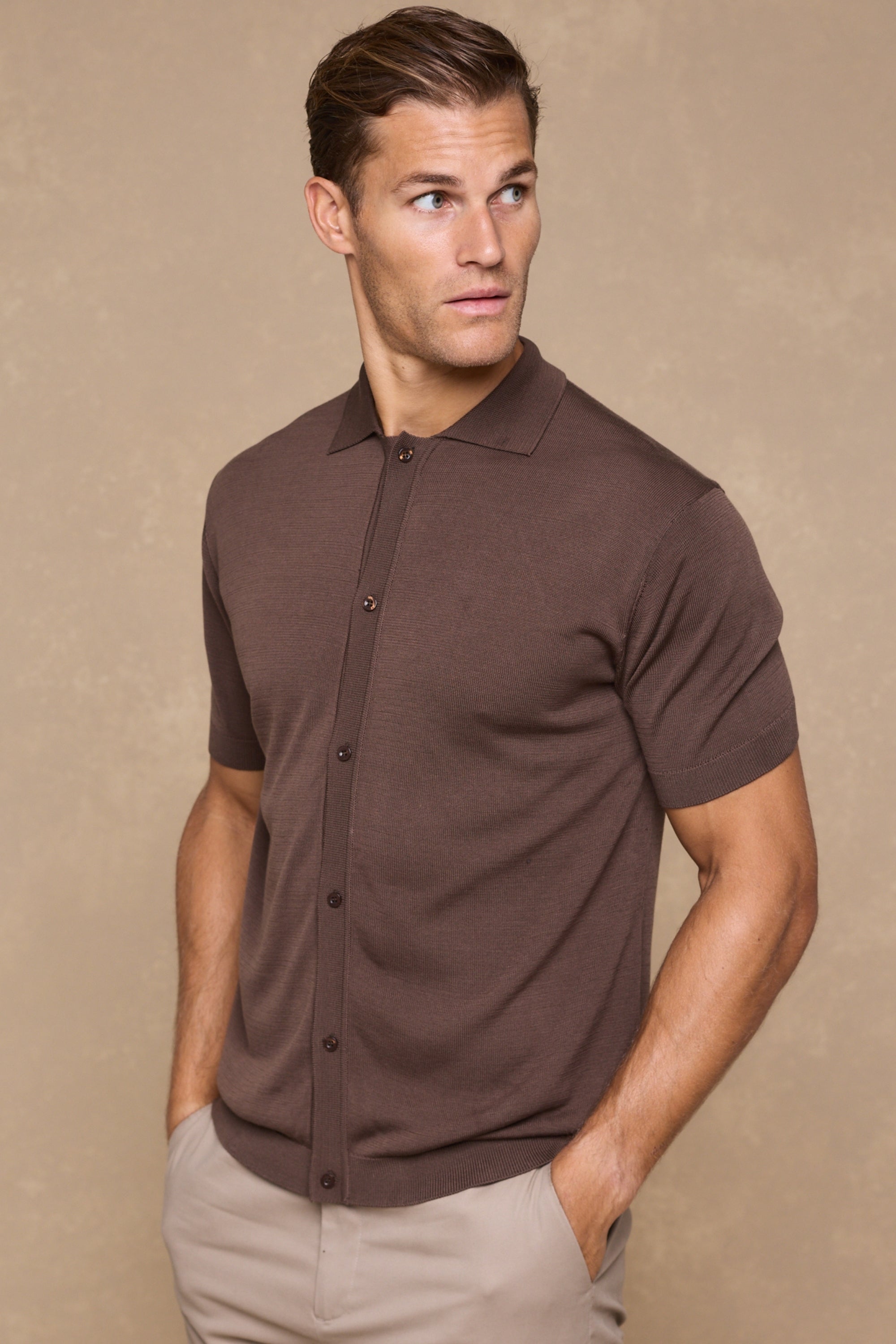 Pedro Button Through Short Sleeve Knitted Shirt - Brown