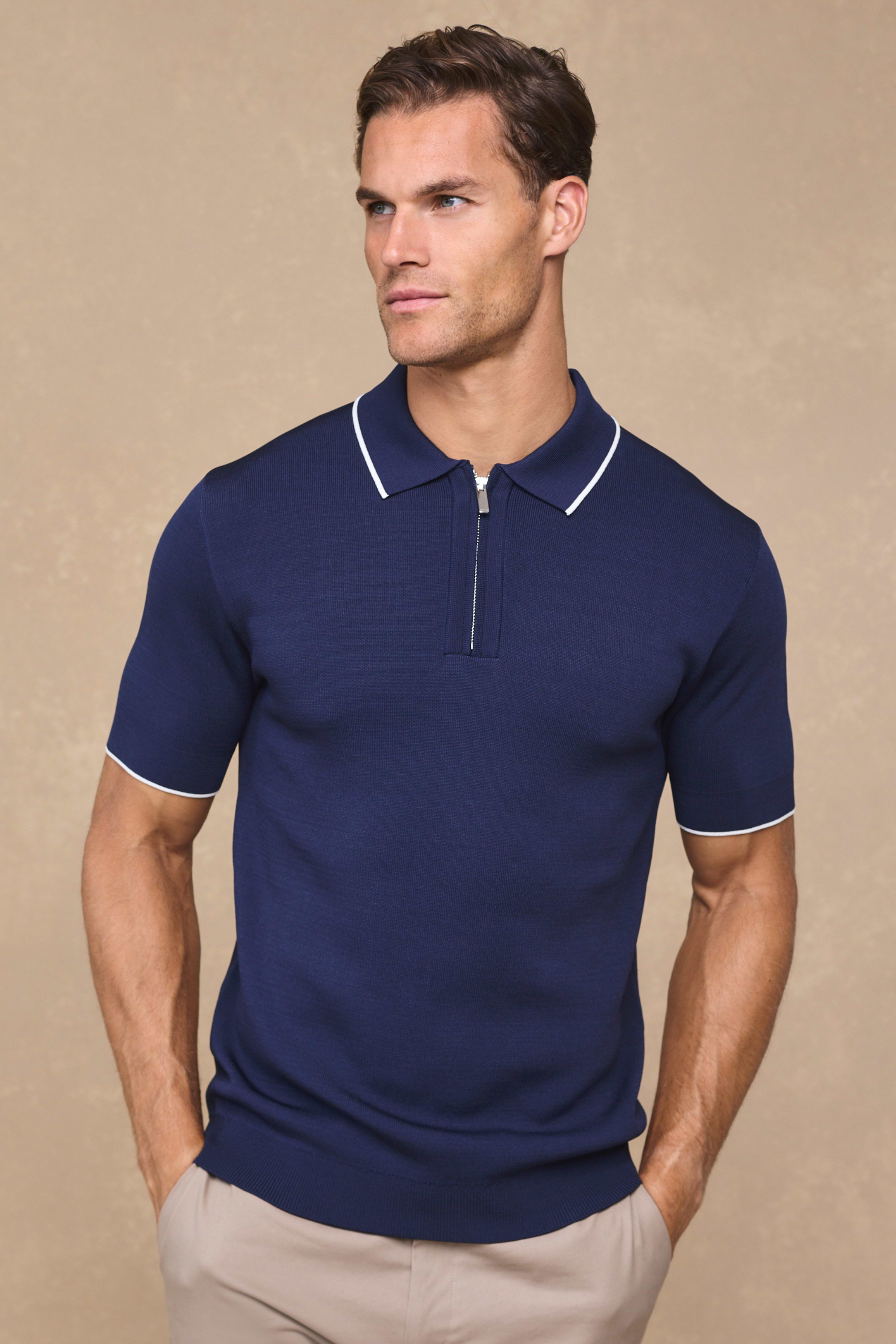 Henry Zip Short Sleeve Polo - Navy