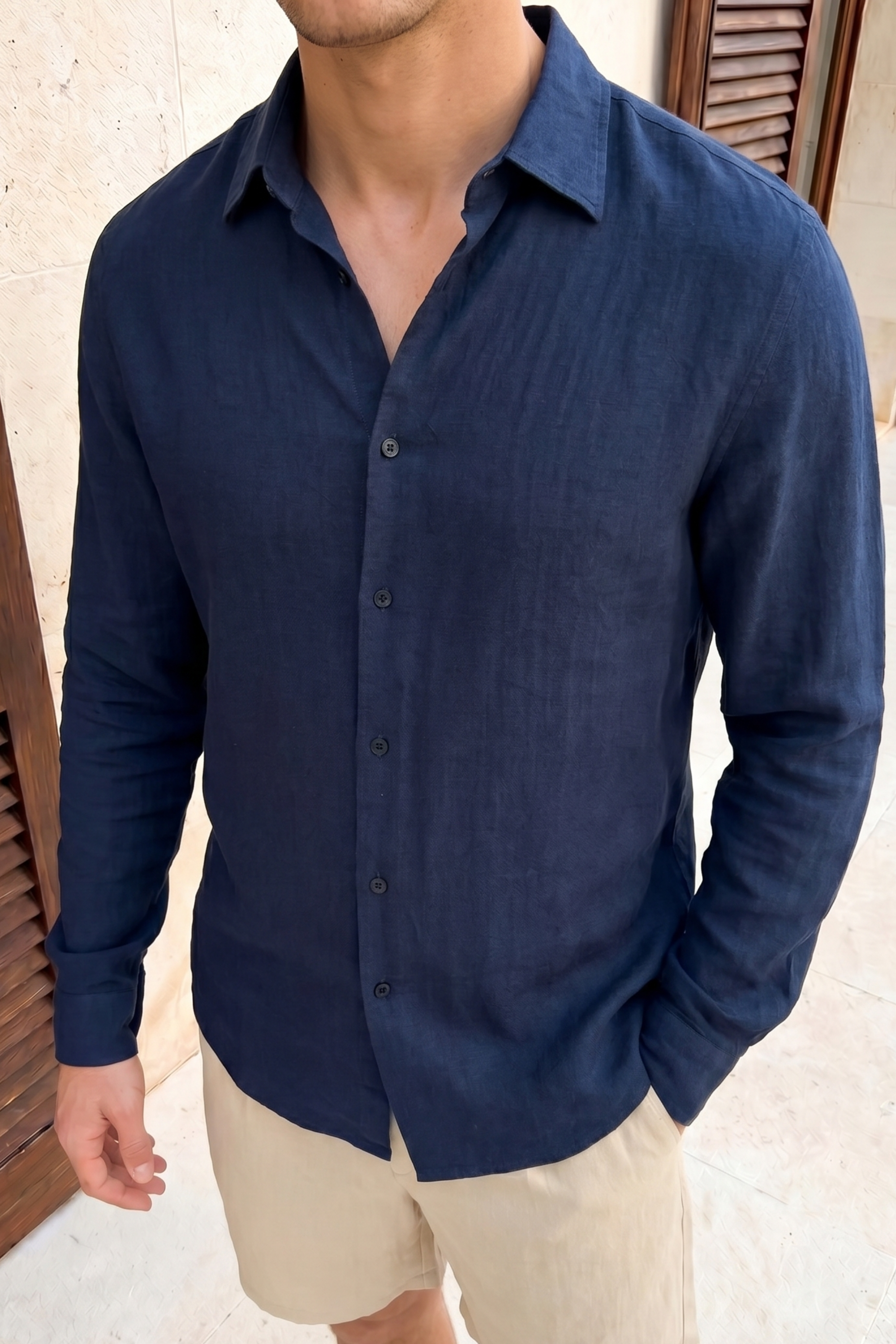 Cami Linen Classic Collar Shirt - Navy