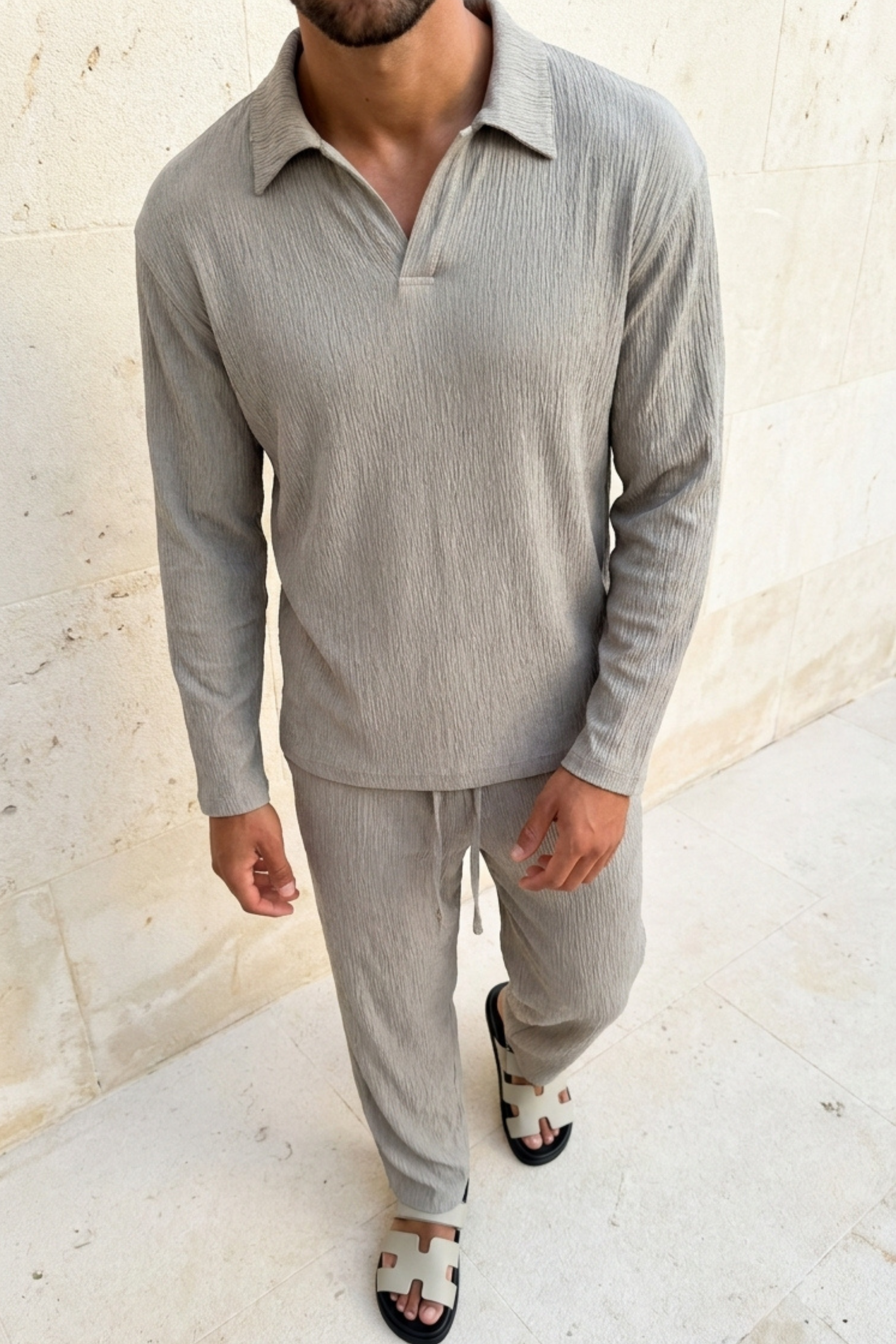Arty Long Sleeve Open Collar Polo - Mushroom