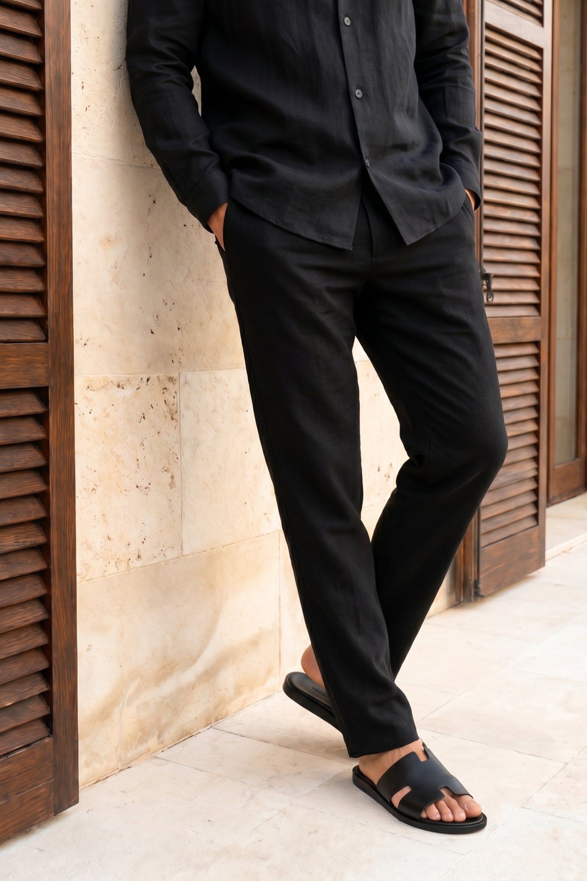 Cami-Hose aus Leinen mit geradem Bein - Schwarz