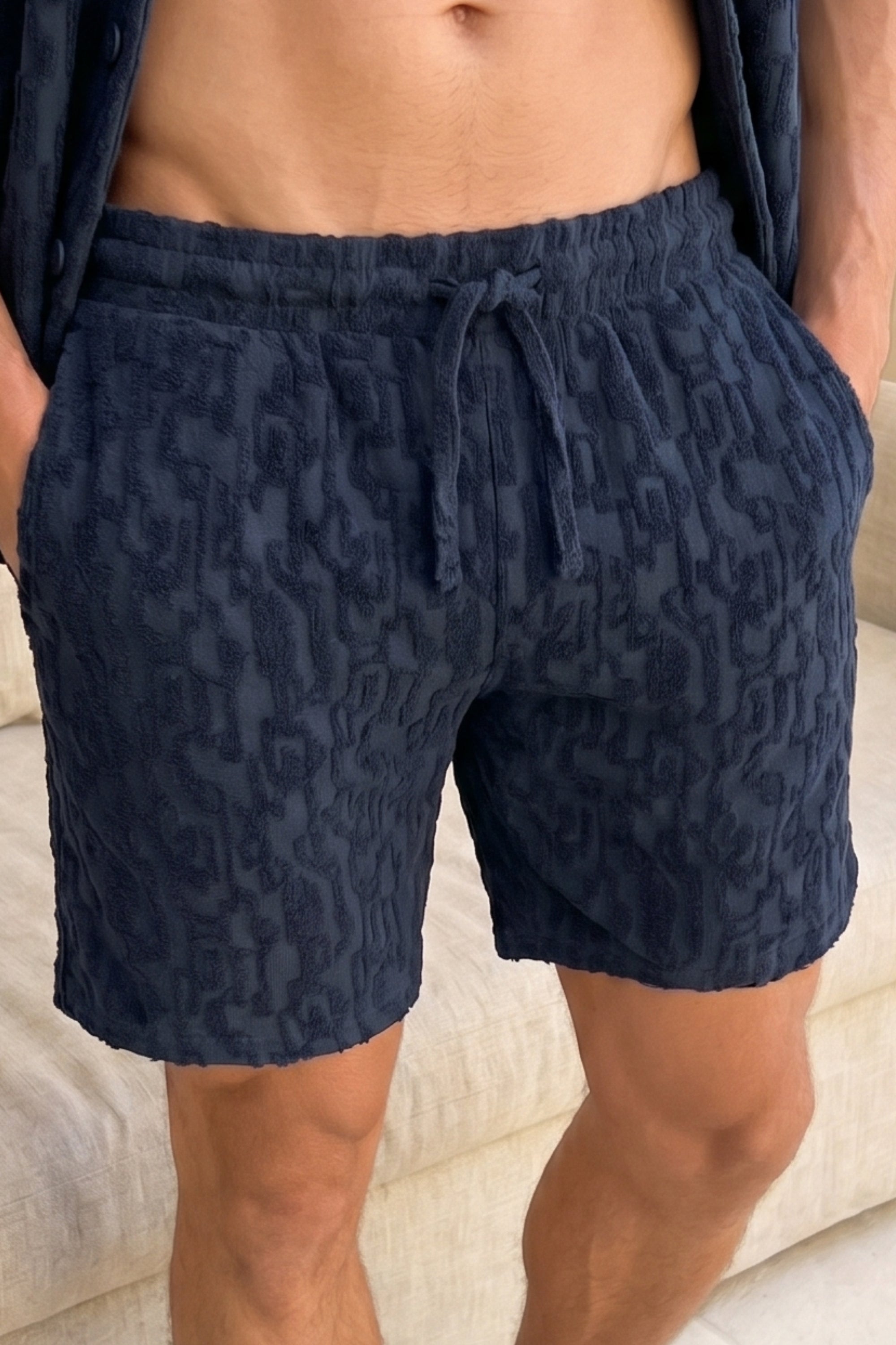 Fausto Flocked Towelled Short - Navy