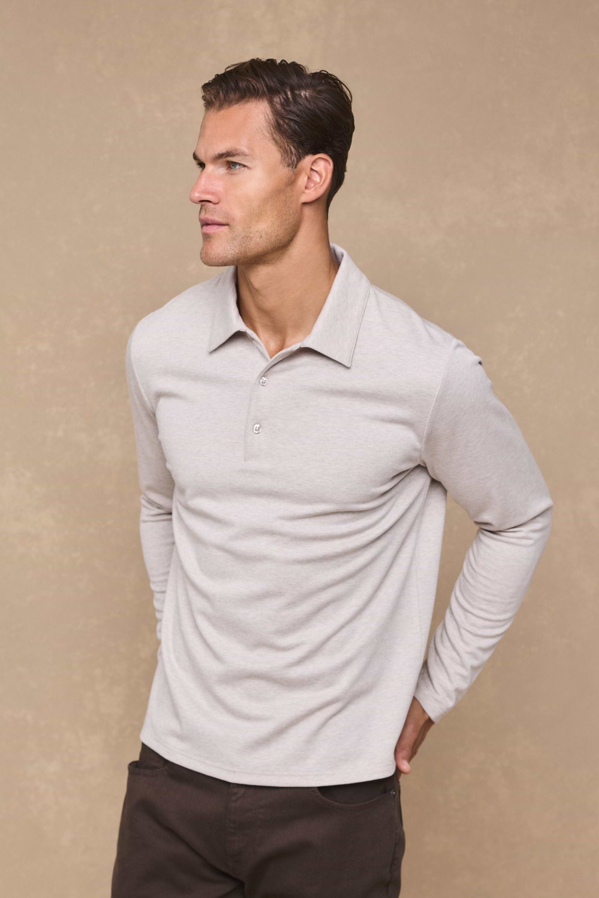Santino Long Sleeve Half Button Polo - Oatmeal