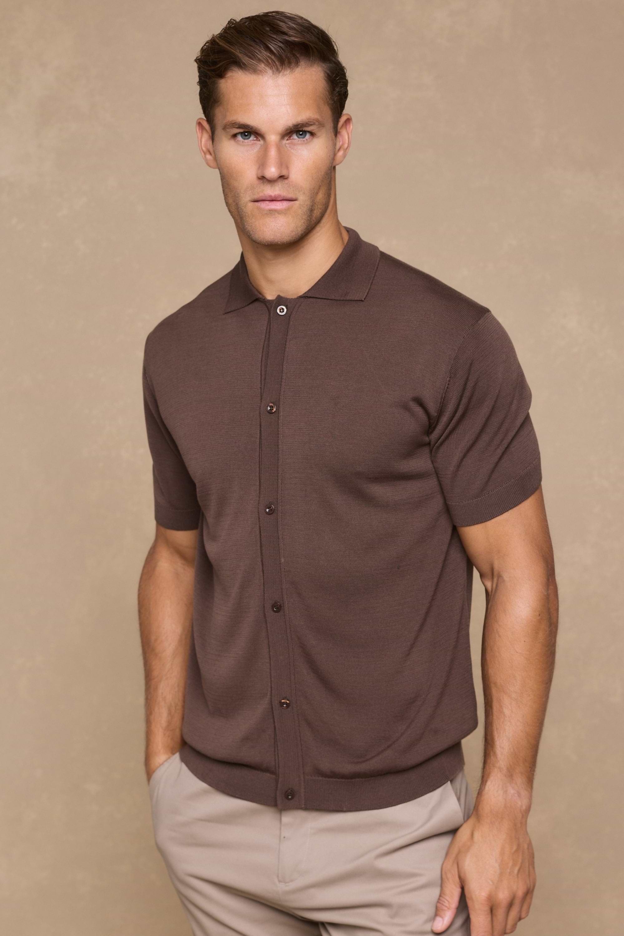 Pedro Button Through Short Sleeve Knitted Shirt - Brown