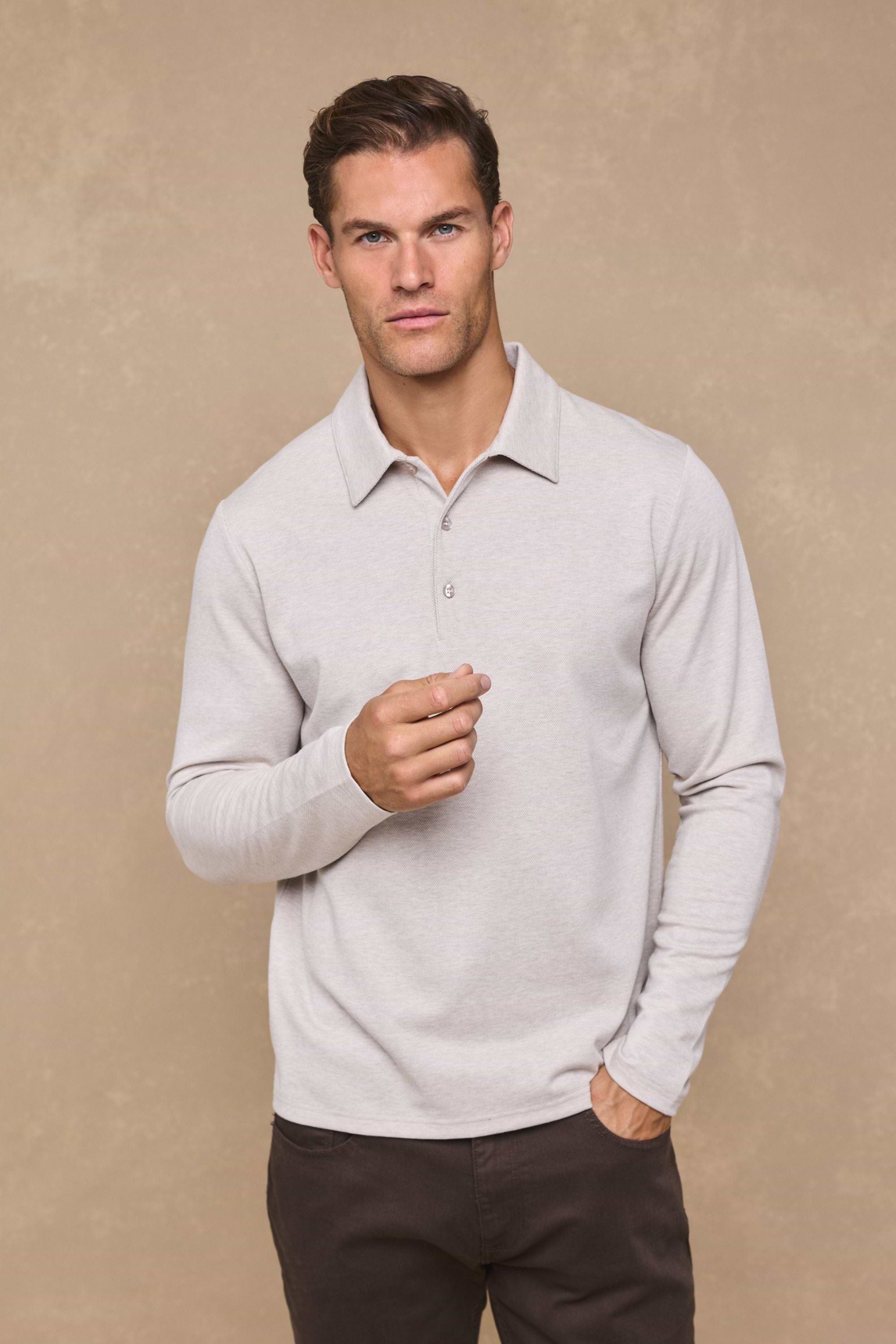 Santino Long Sleeve Half Button Polo - Oatmeal