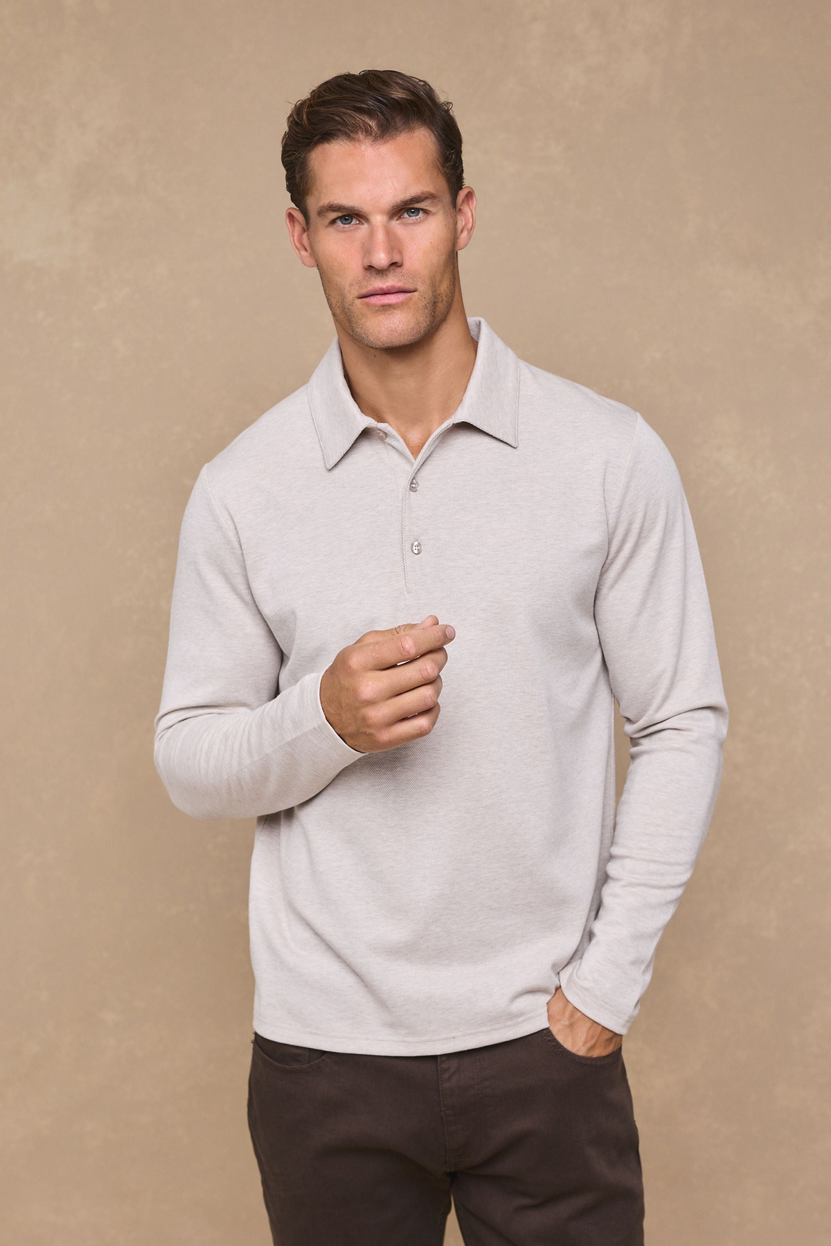 Santino Long Sleeve Half Button Polo - Oatmeal