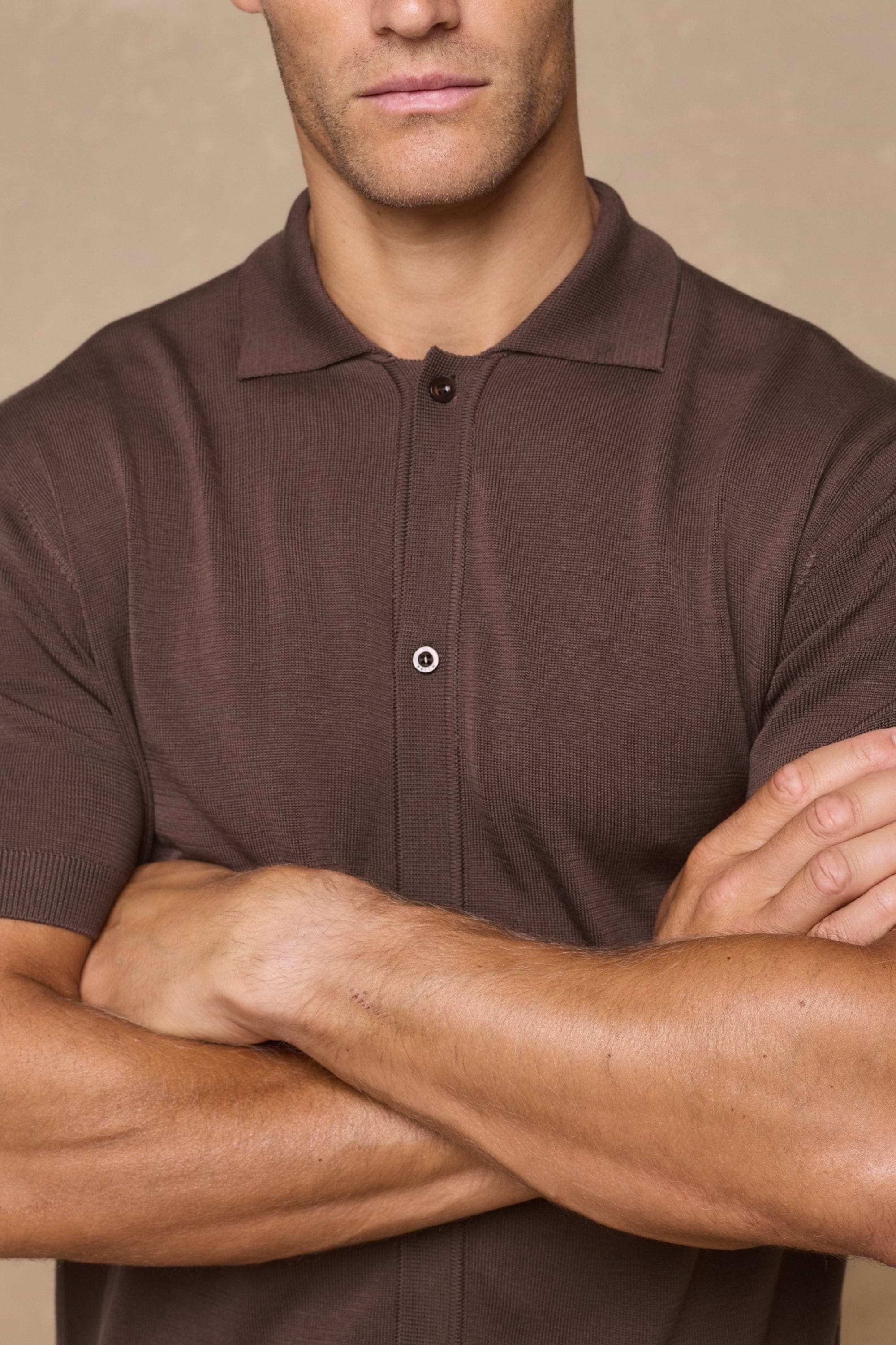 Pedro Button Through Short Sleeve Knitted Shirt - Brown