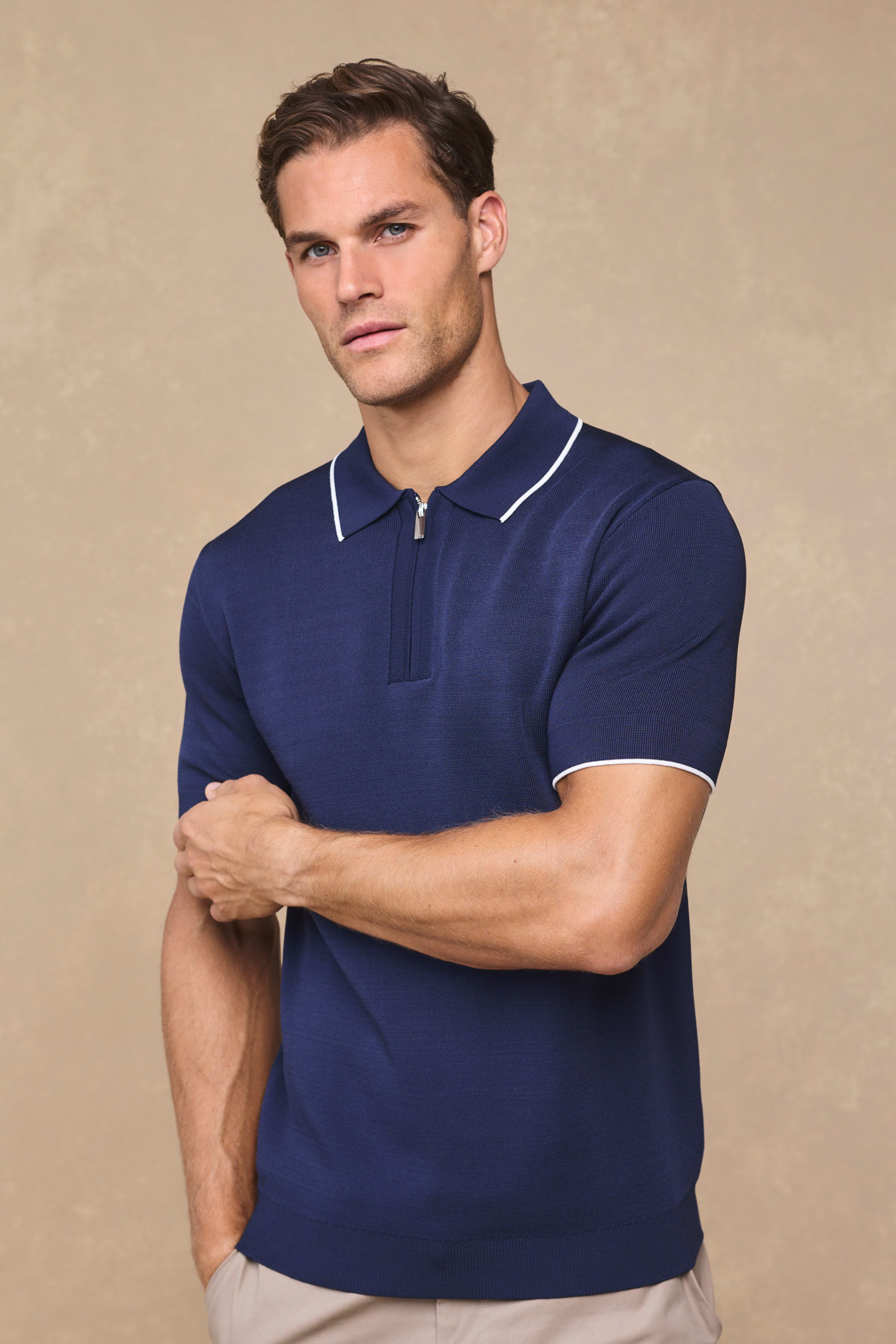 Henry Zip Short Sleeve Polo - Navy
