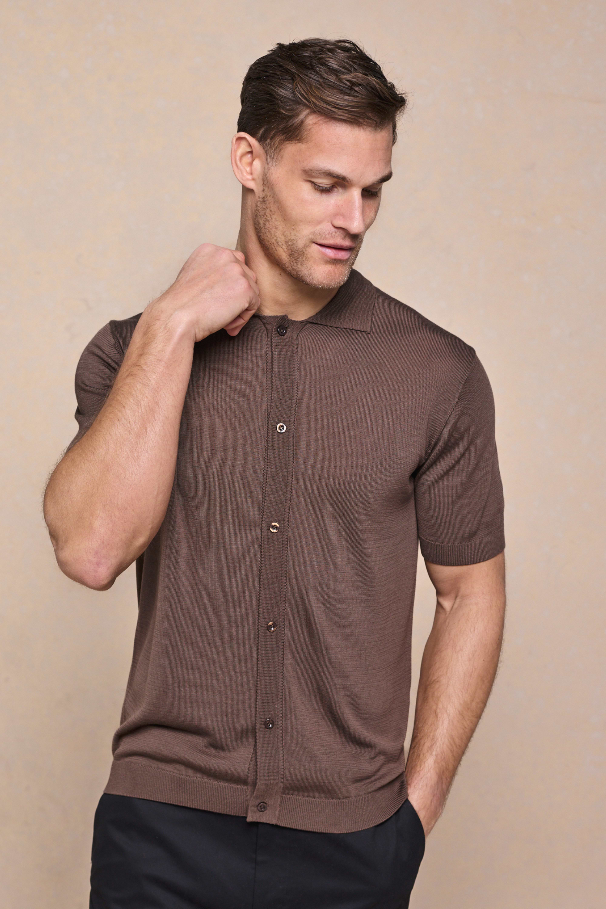 Pedro Button Through Short Sleeve Knitted Shirt - Brown