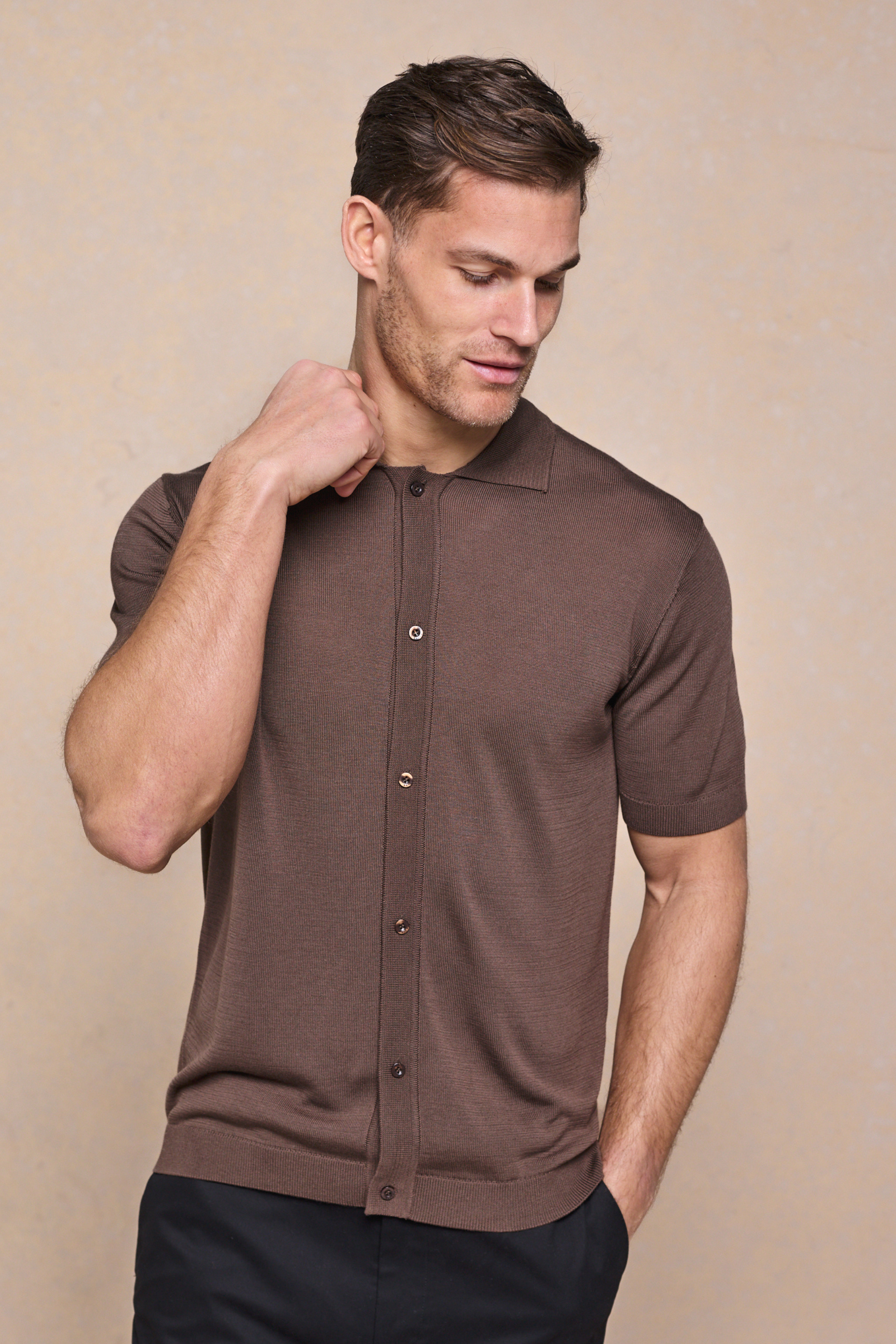 Pedro Button Through Short Sleeve Knitted Shirt - Brown