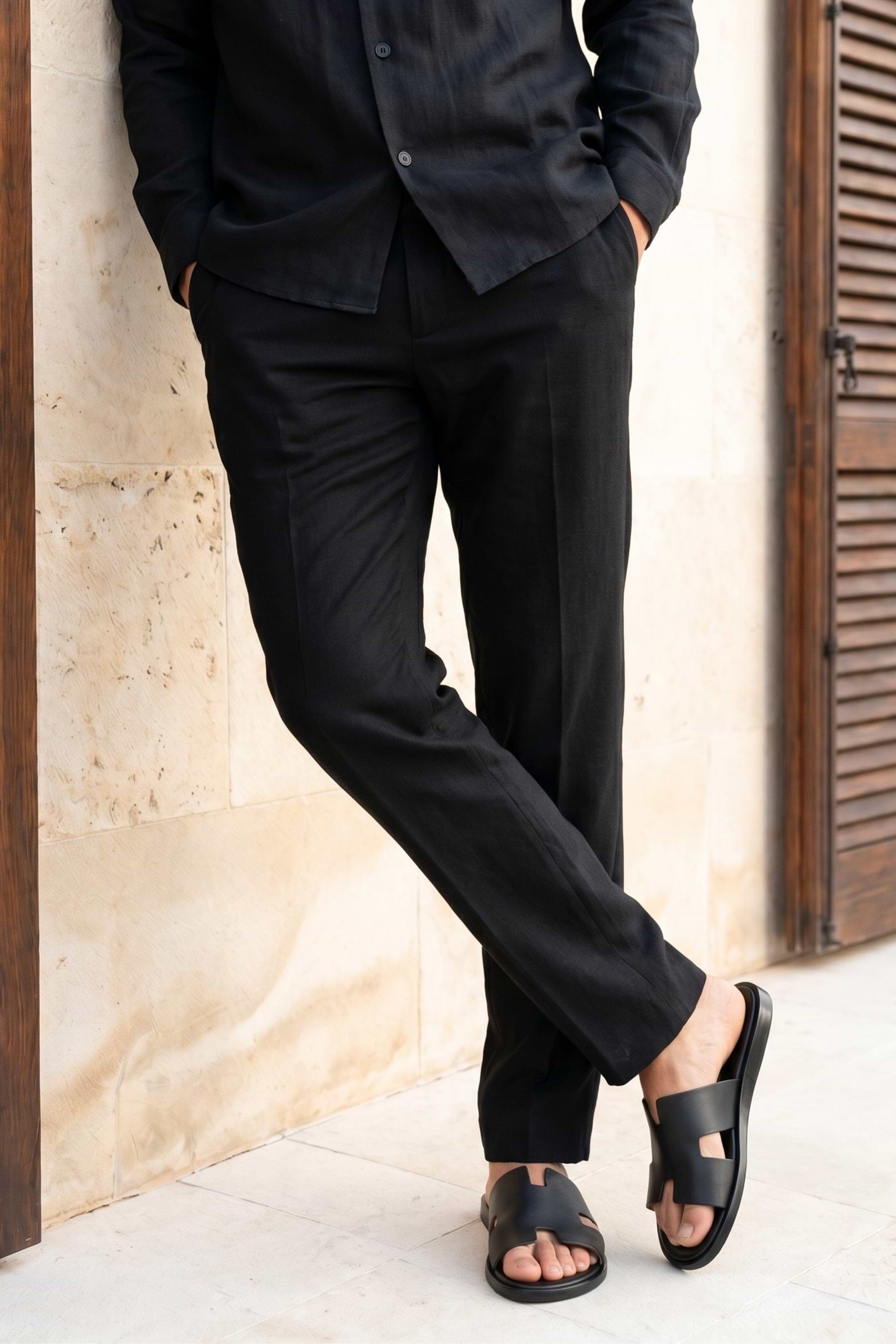 Cami-Hose aus Leinen mit geradem Bein - Schwarz