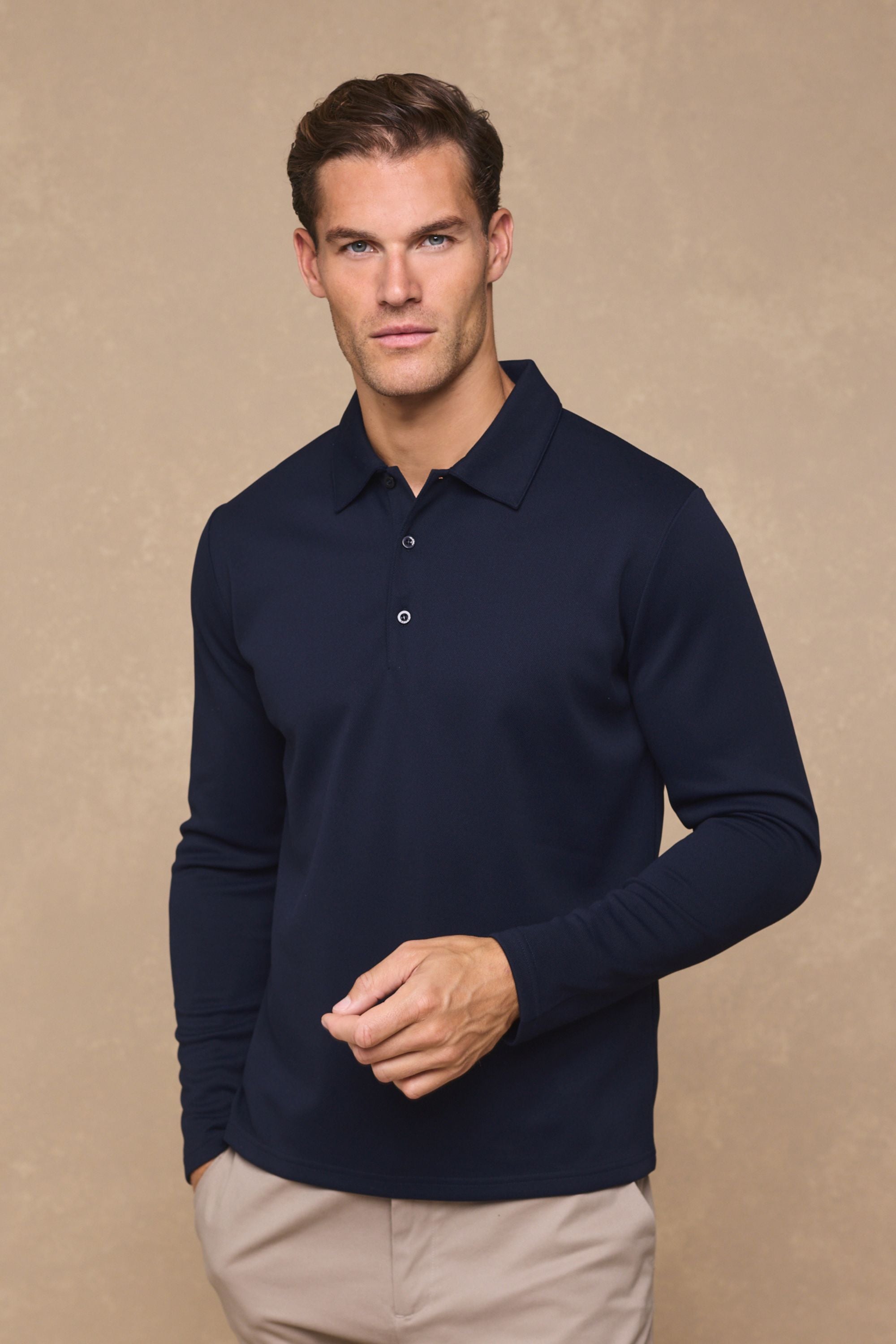 Santino Long Sleeve Half Button Polo - Dark Navy