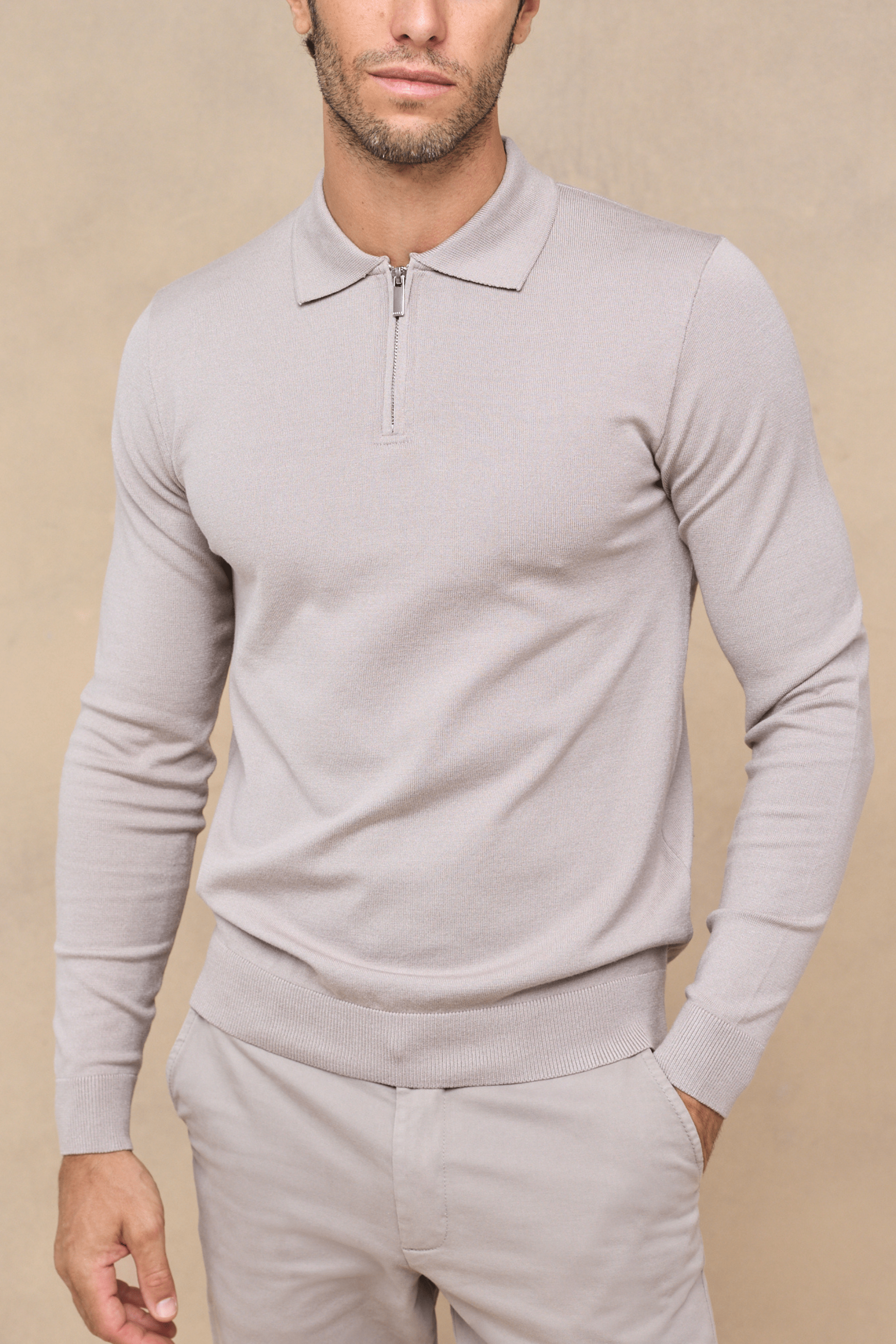 Knitted Long Sleeve Zip Polo Shirt - Warm Grey