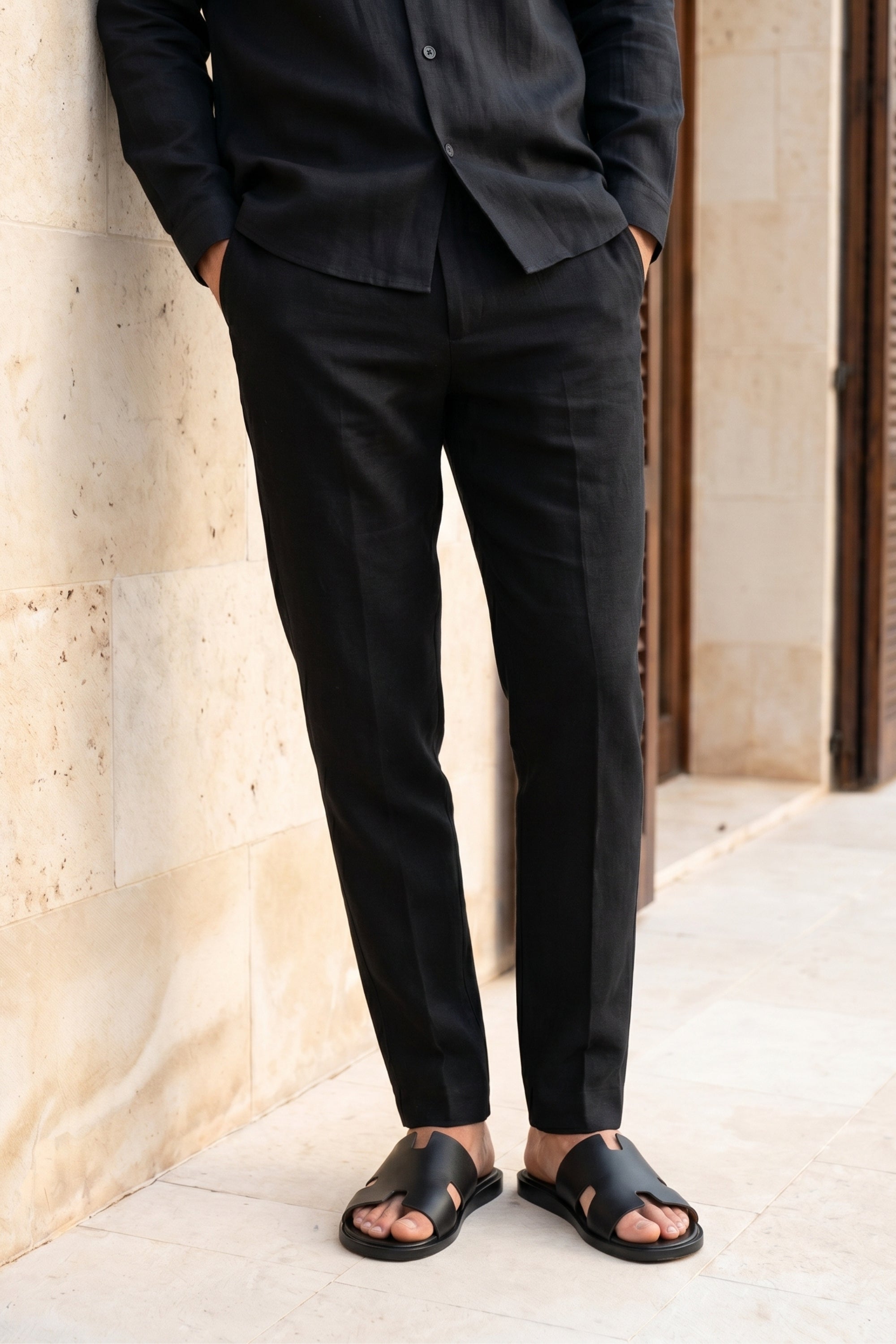 Cami-Hose aus Leinen mit geradem Bein - Schwarz