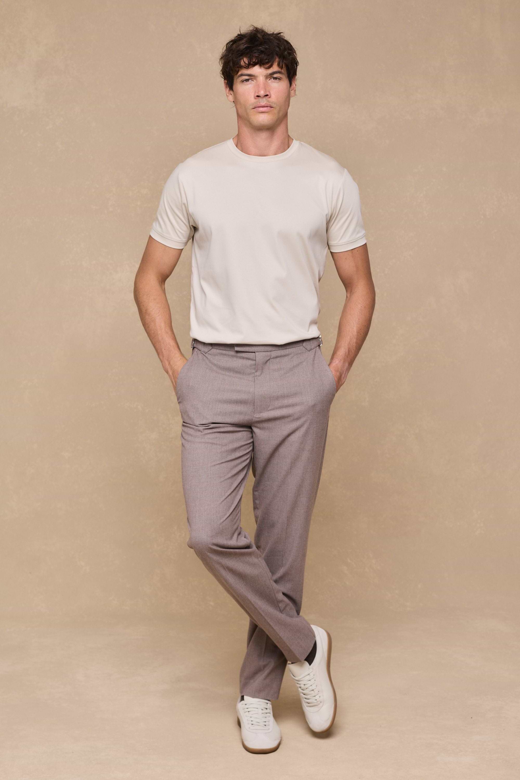 Tristan Soft Tailored Trousers With Adjusters - Taupe Marl