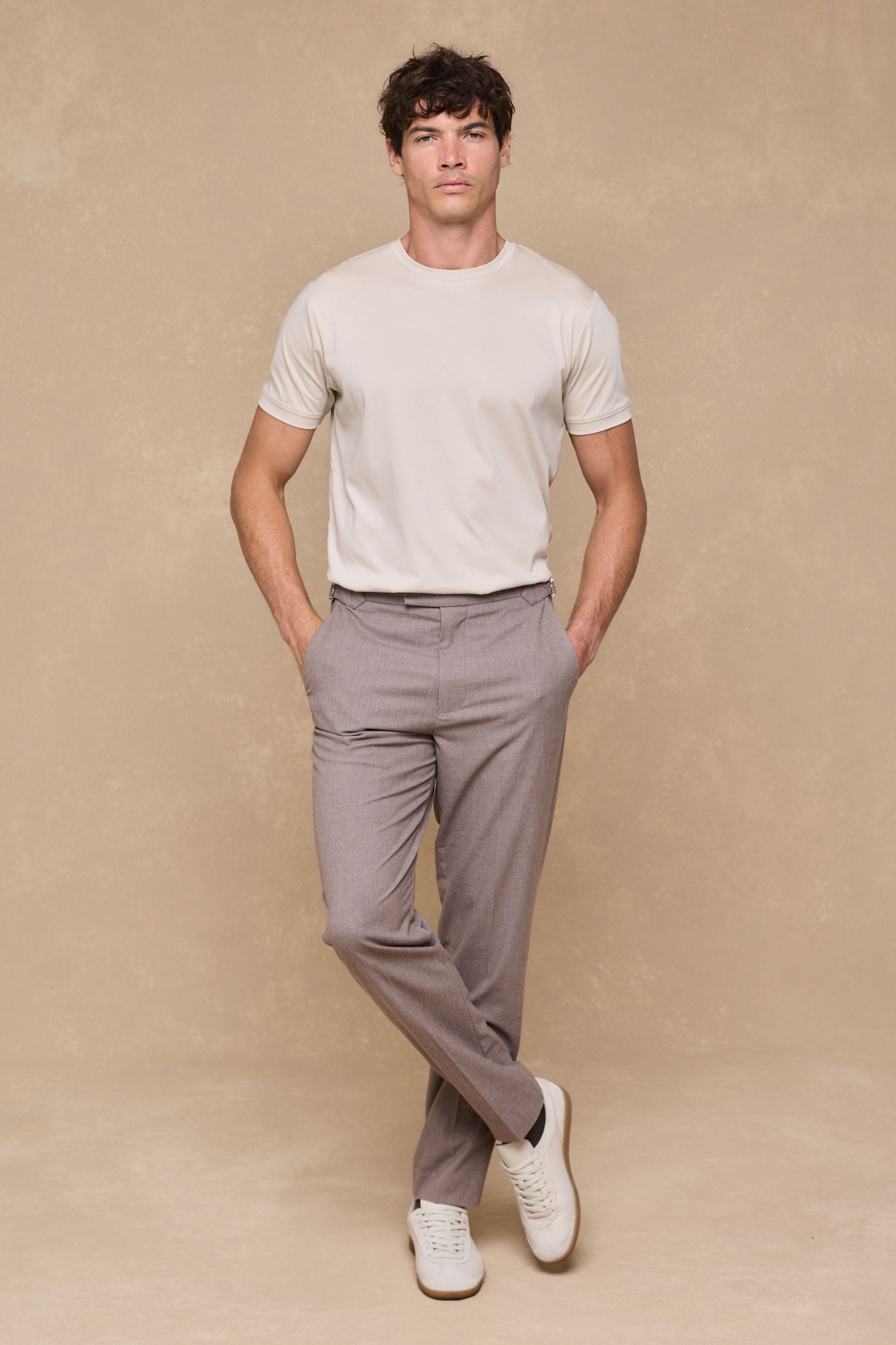 Tristan Soft Tailored Trousers With Adjusters - Taupe Marl