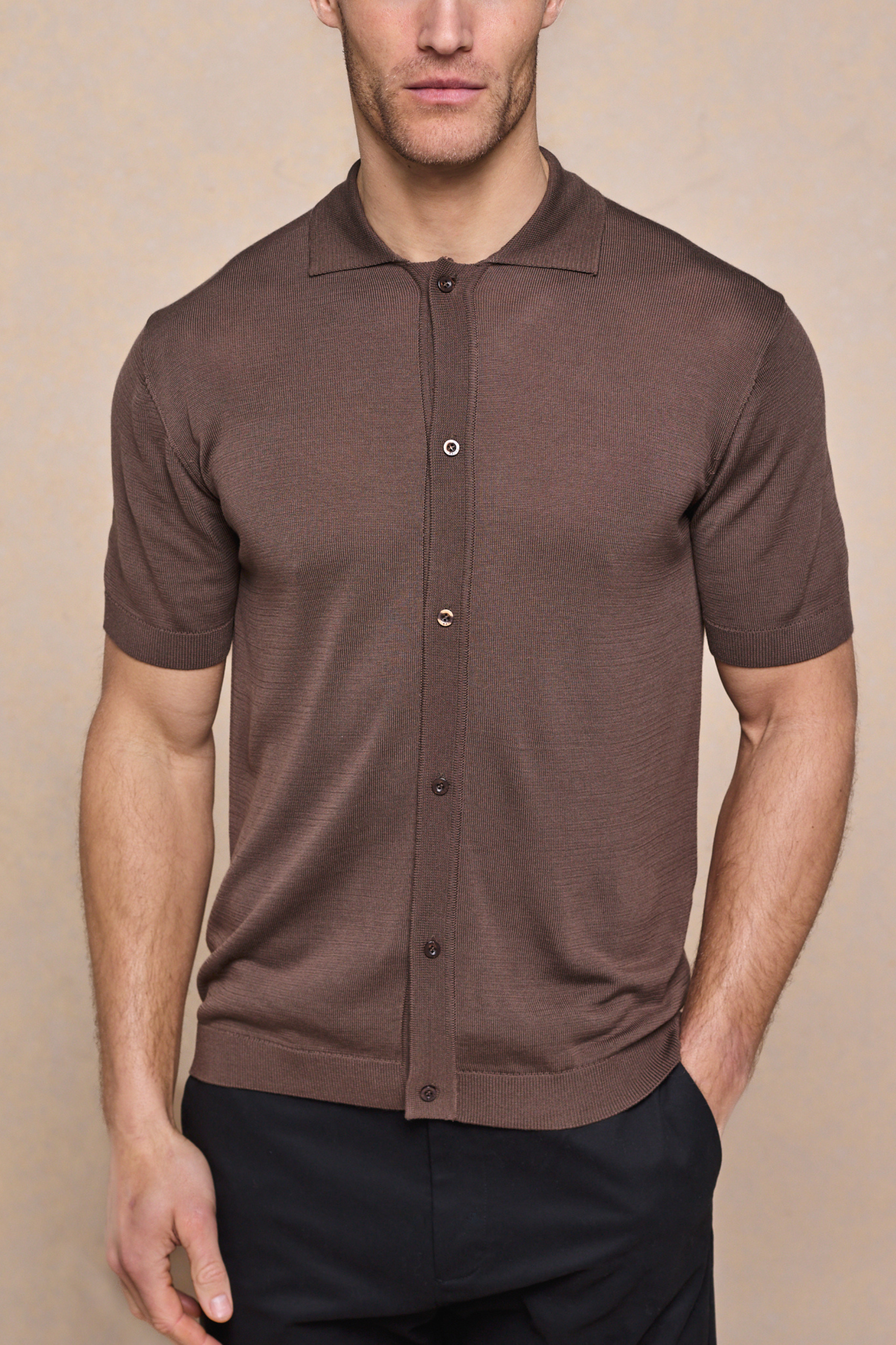 Pedro Button Through Short Sleeve Knitted Shirt - Brown
