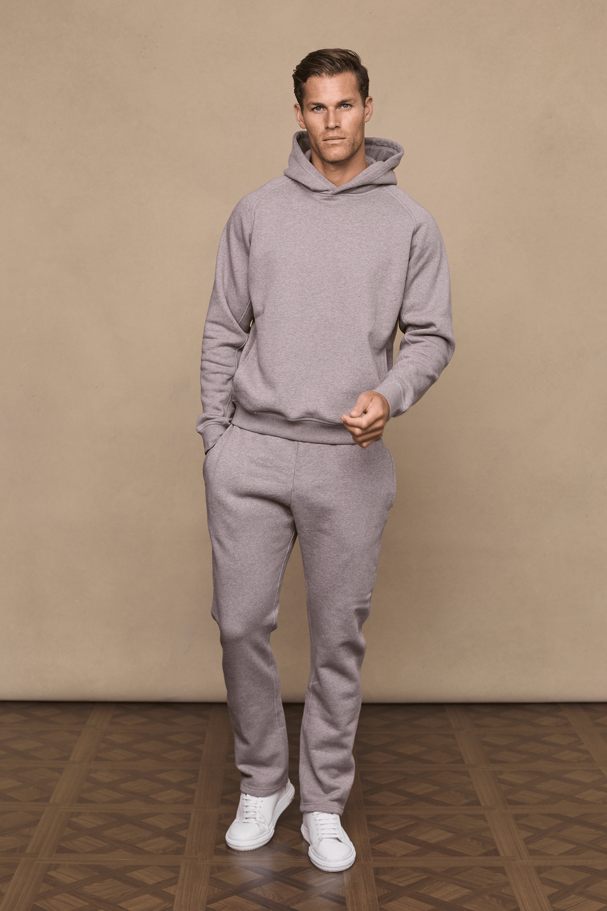 Men’s heavyweight cotton blend joggers in brown marl with straight leg fit by Raith