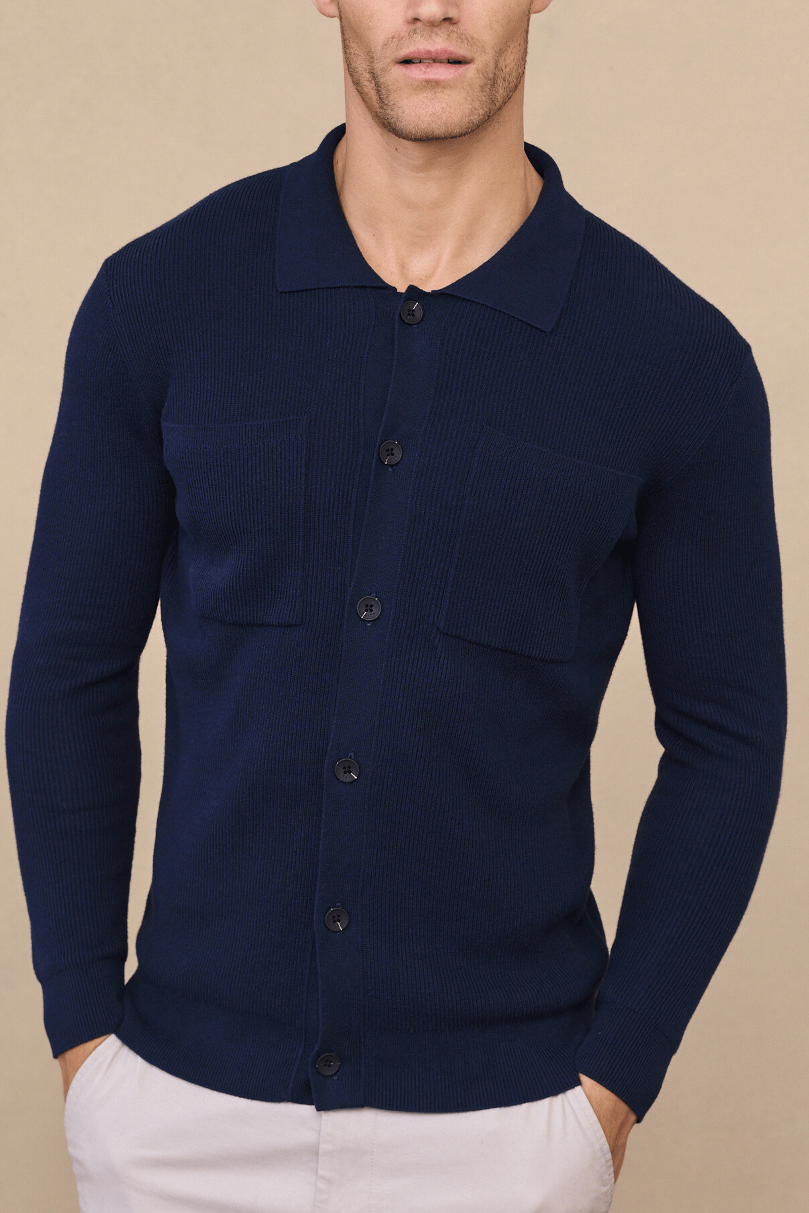 Elias Rib Top Pocket Cardigan - Navy