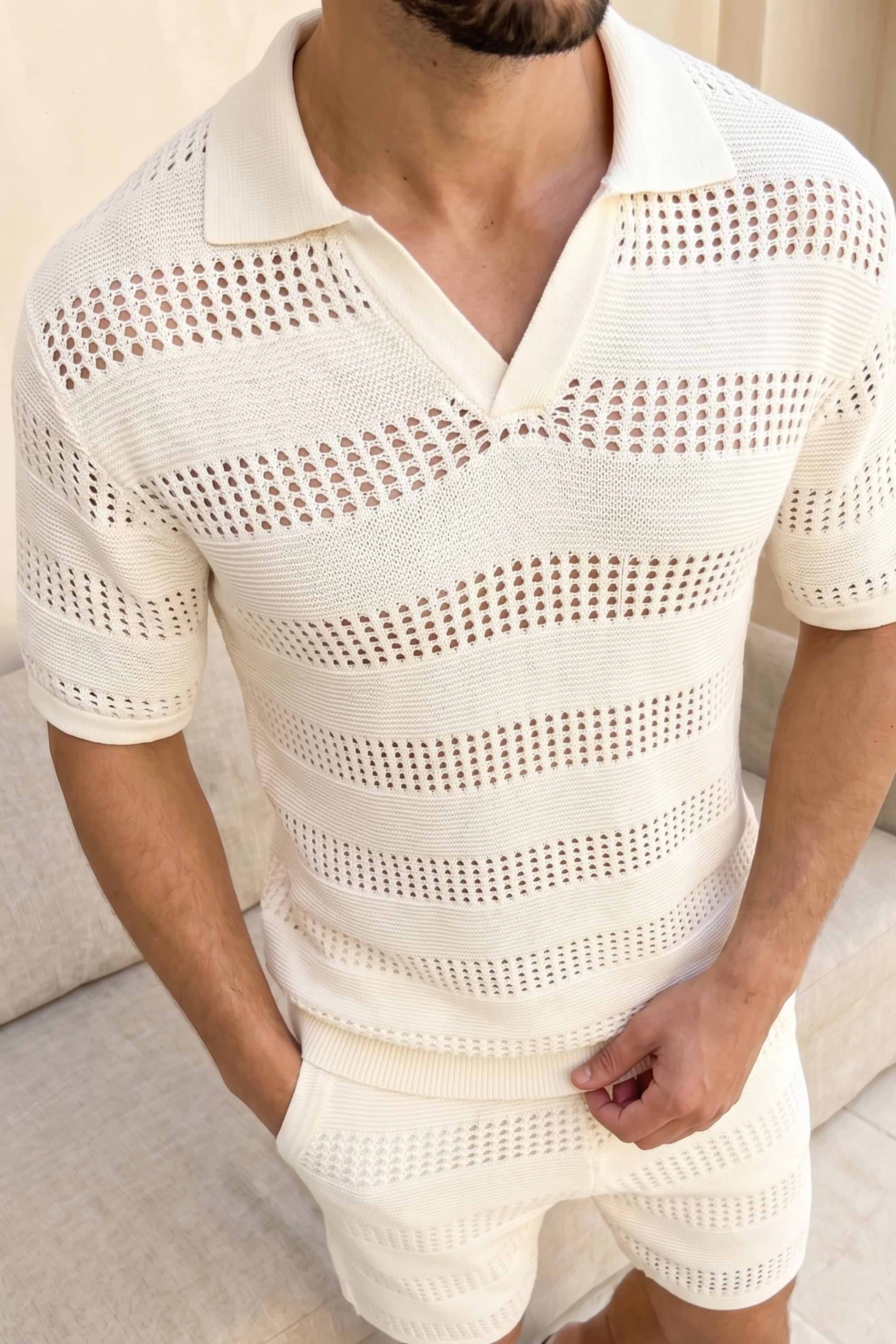 Frattina Crochet Cotton Knit Polo - Ecru