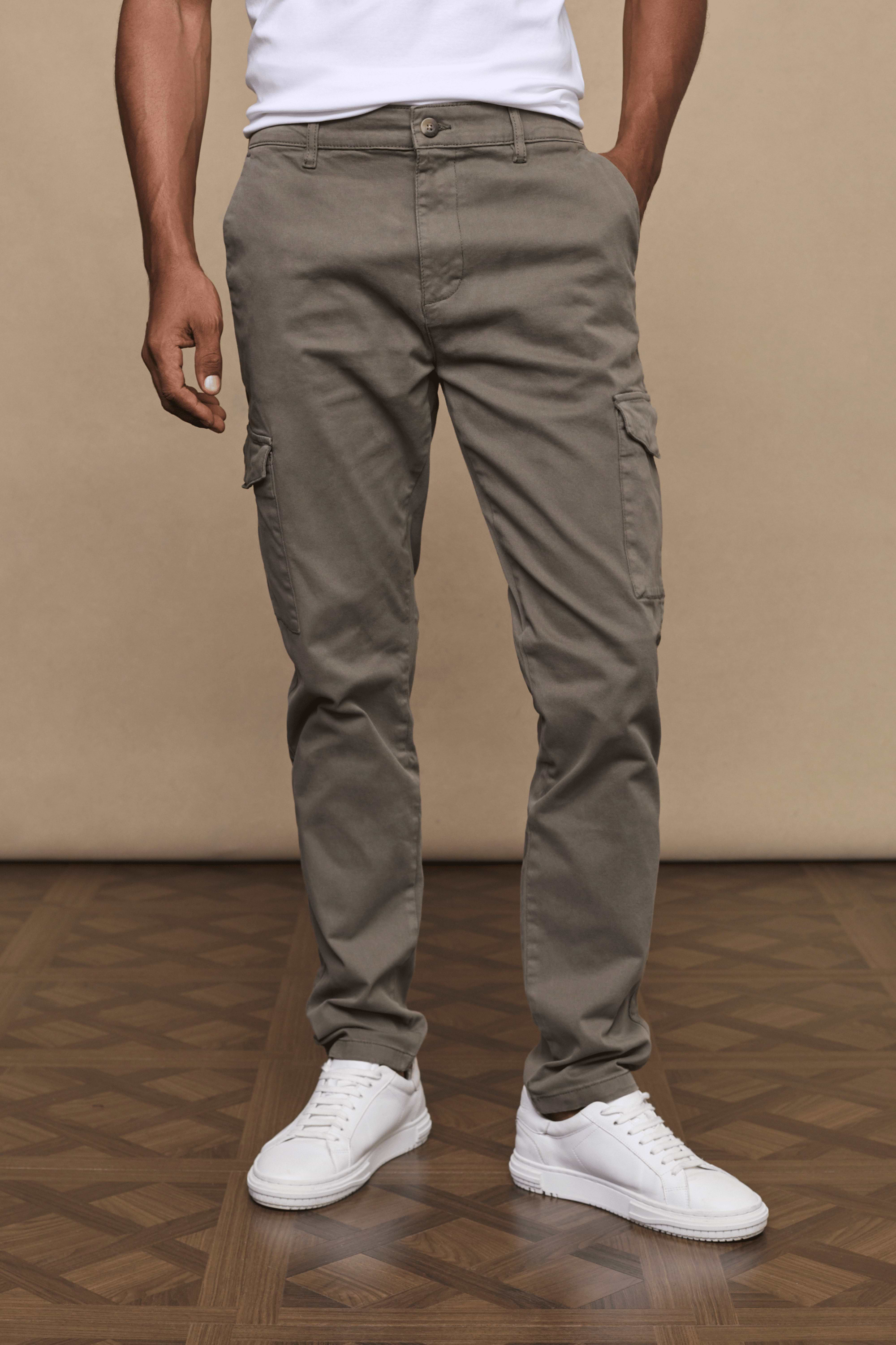 Men’s cotton stretch cargo trousers in dark olive with straight leg fit and utility pockets by Raith