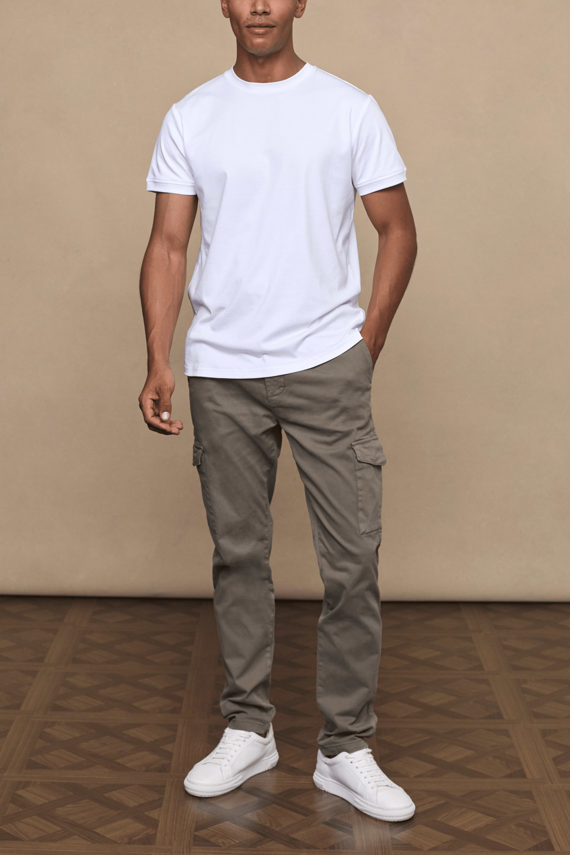 Men’s cotton stretch cargo trousers in dark olive with straight leg fit and utility pockets by Raith