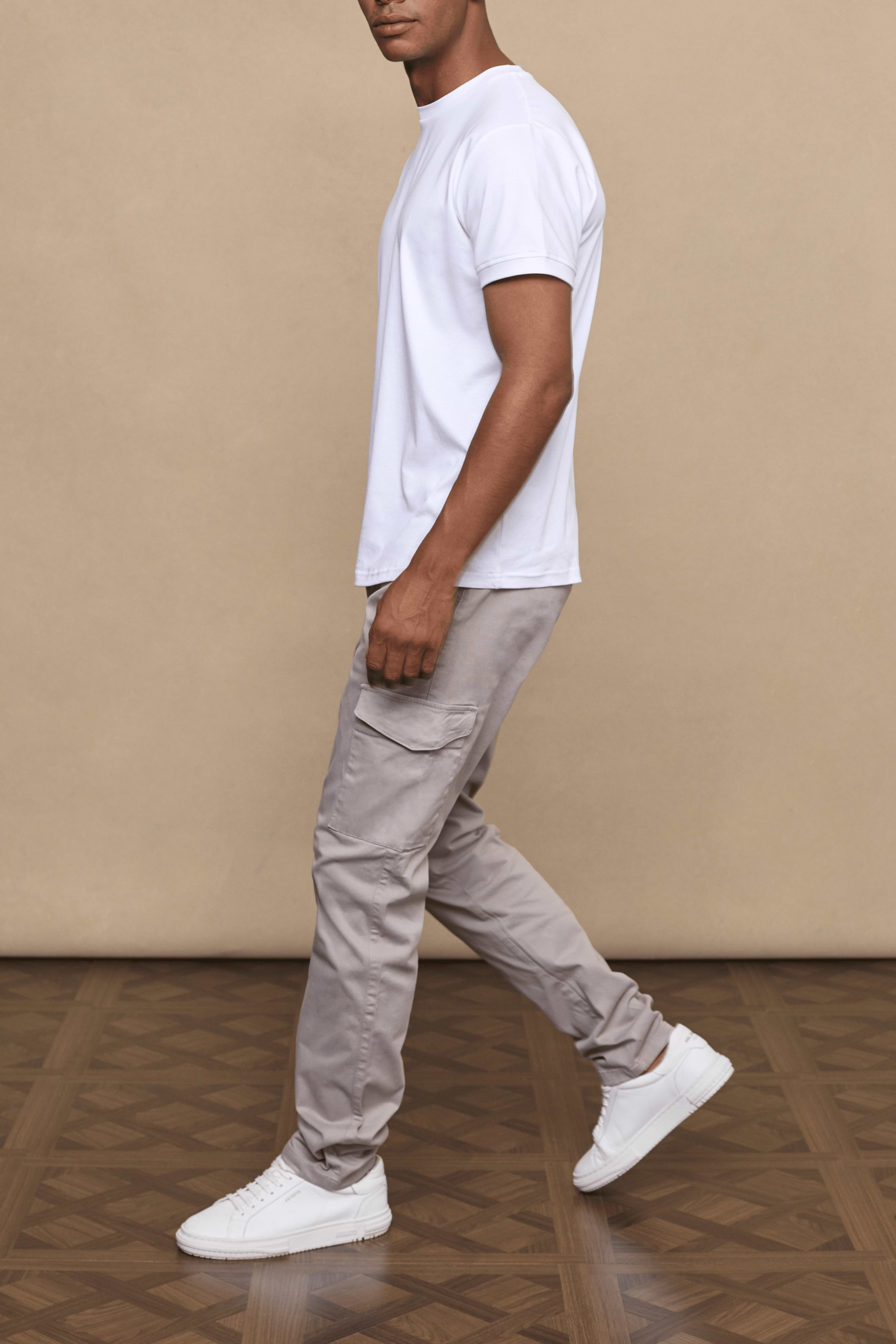 Men’s cotton stretch cargo trousers in greige with straight leg fit and utility pockets by Raith