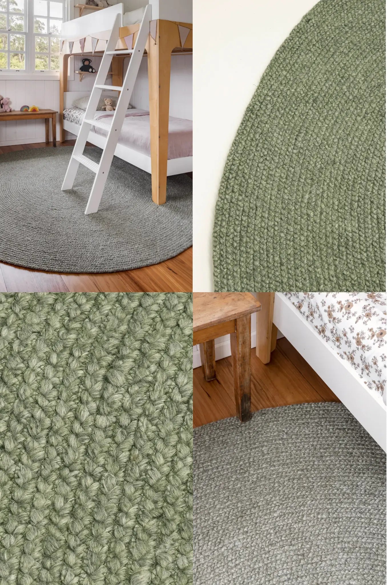 Collage of green textured rug in various settings including a bedroom.