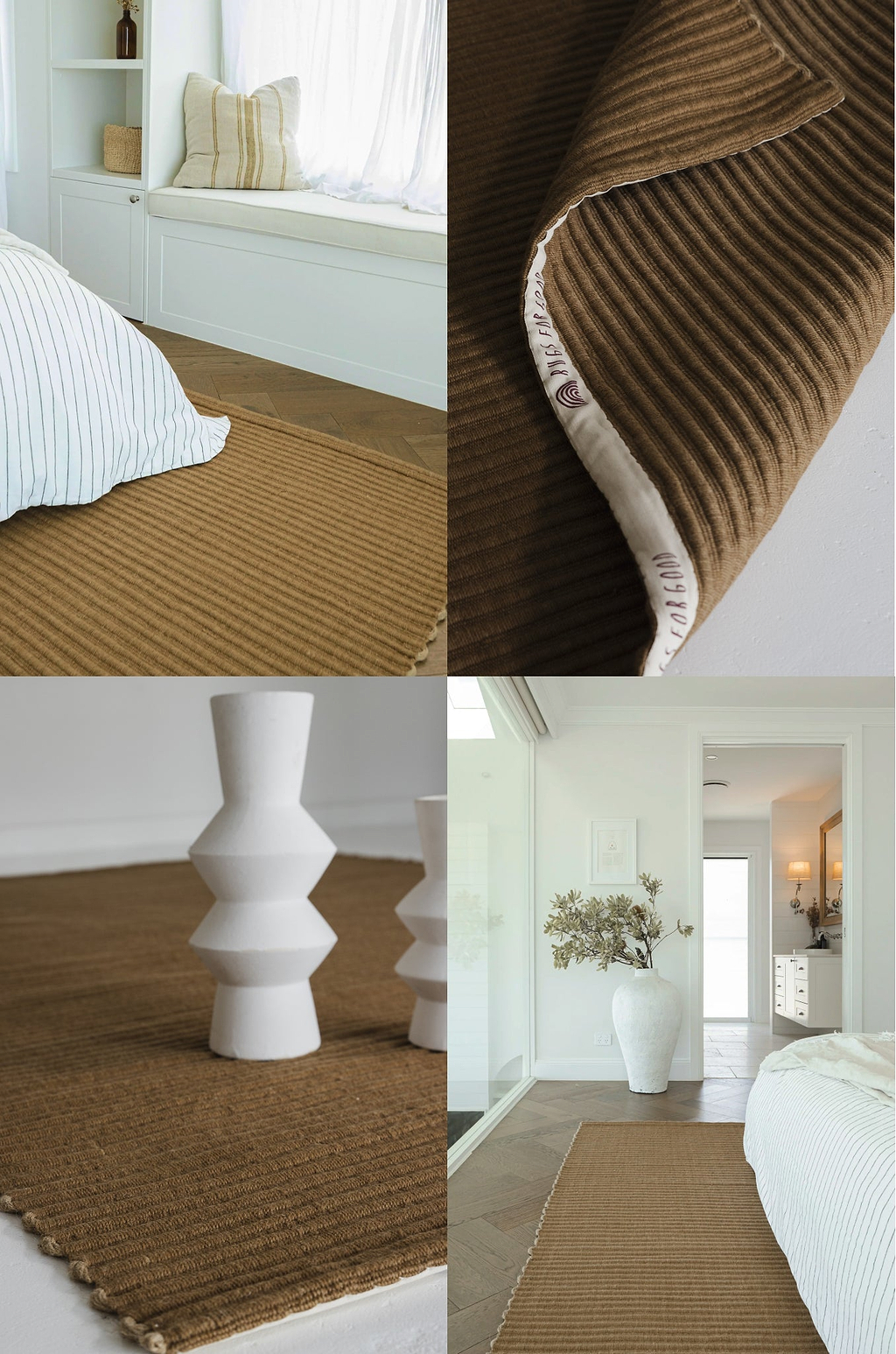 Collage of brown textured rug in various settings including a bedroom and hallway.