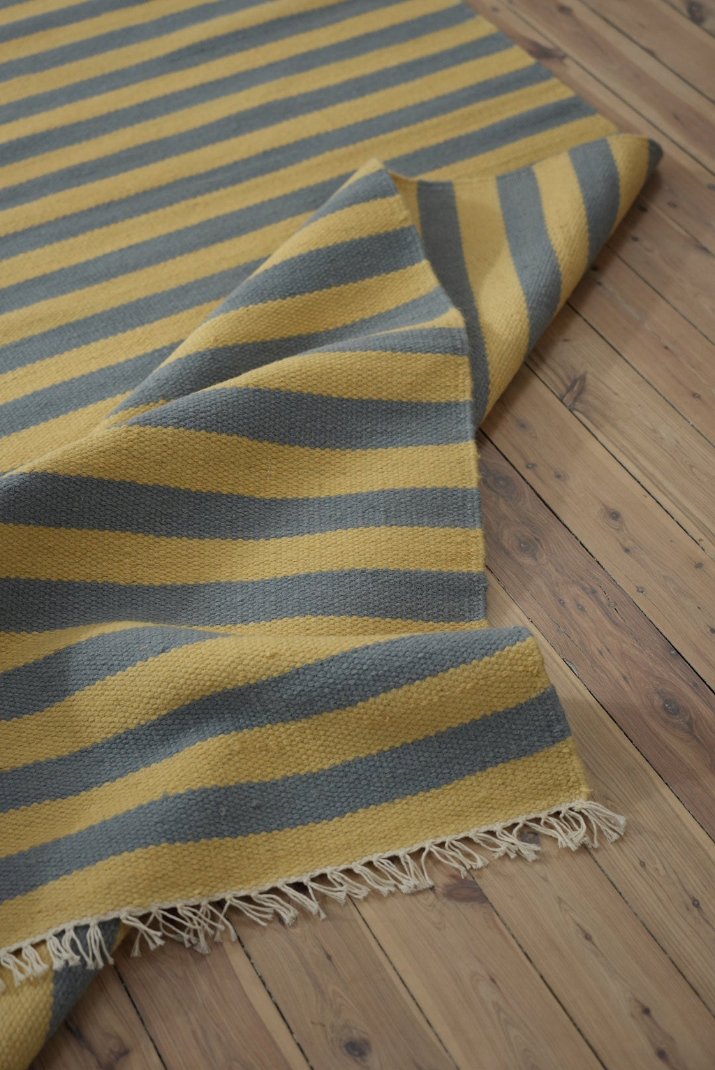 Solstice Striped Reversible Wool Rug in Butter and Sky Blue
