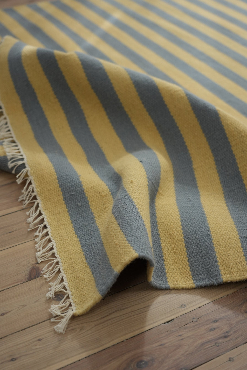 Solstice Striped Reversible Wool Rug in Butter and Sky Blue