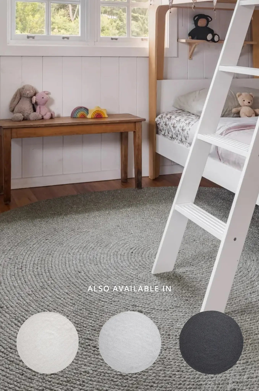Children's room with a bed, bench, and rug, featuring color swatches for available options.