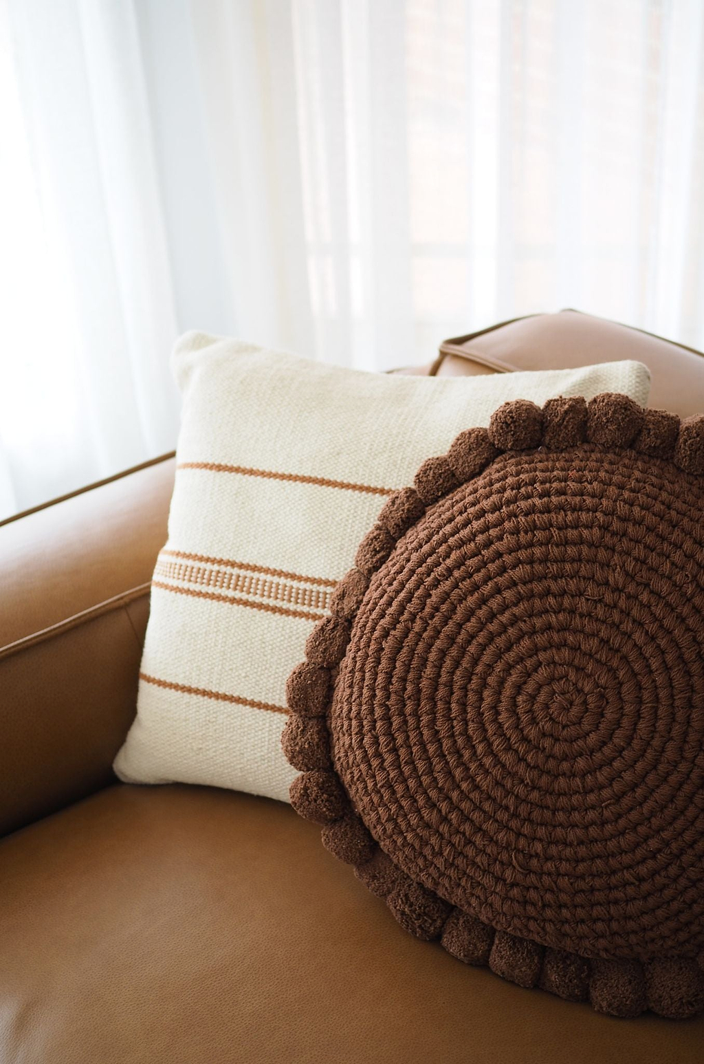 Luma Round Pom Pom Cushion in Cacao
