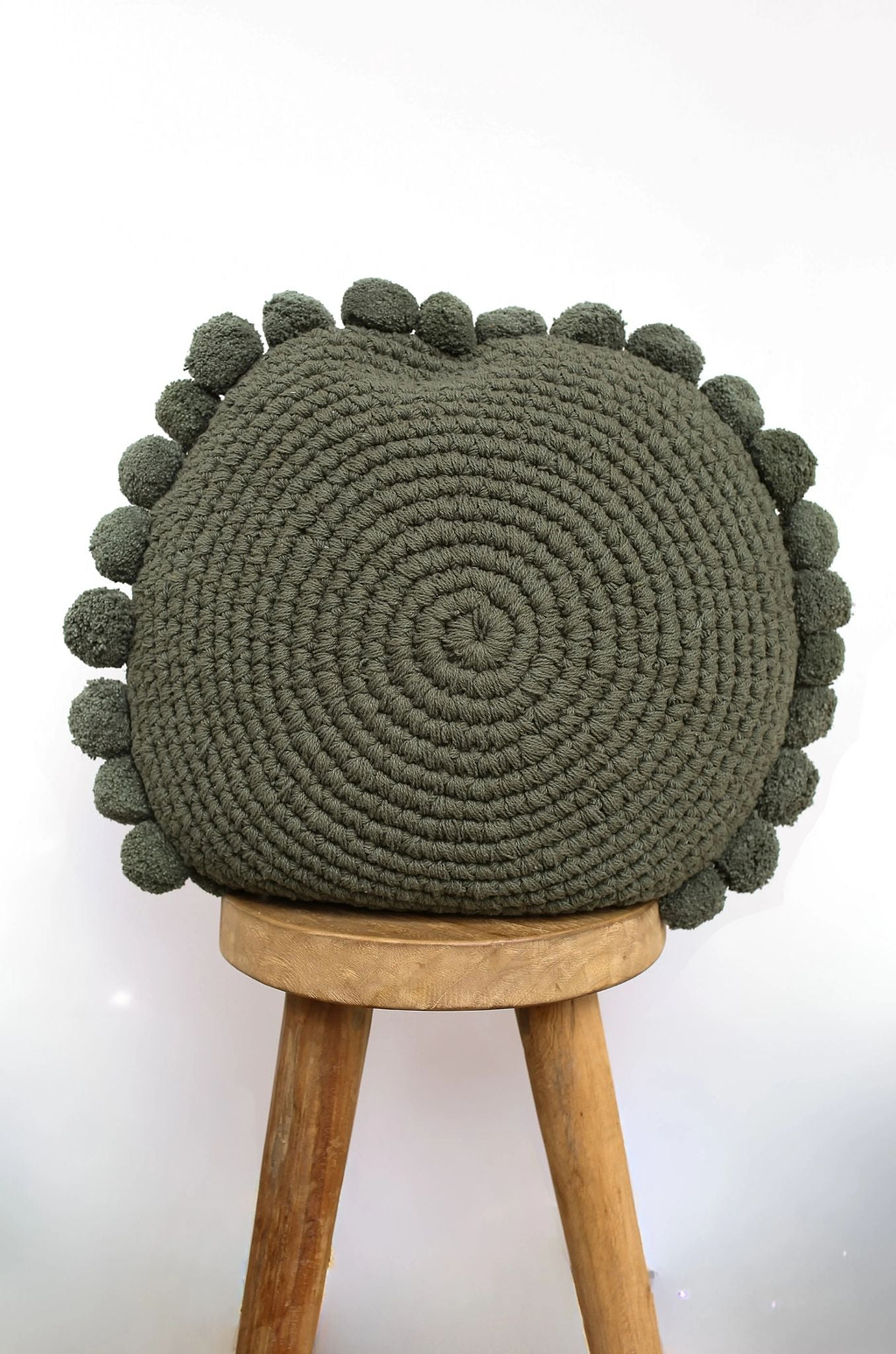 Luma Round Pom Pom Cushion in Olive