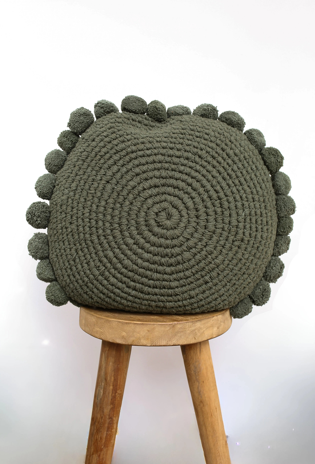 Luma Round Pom Pom Cushion in Olive