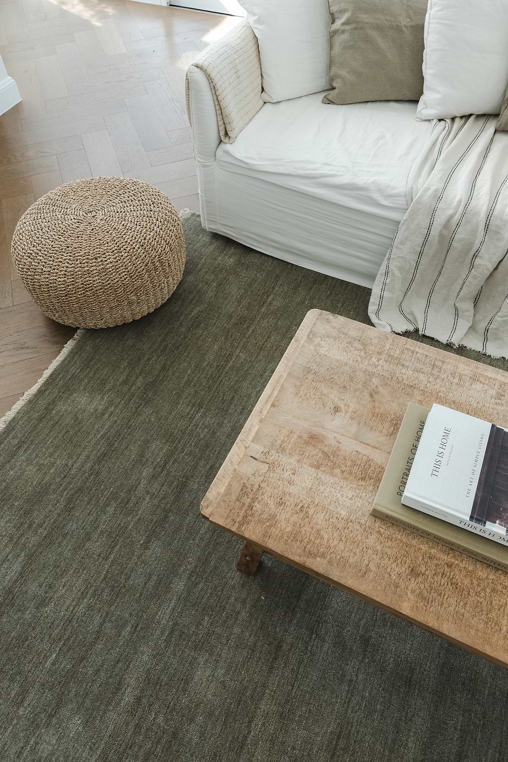 Sample of Bhakti Abrash Wool Blend Rug in Olive
