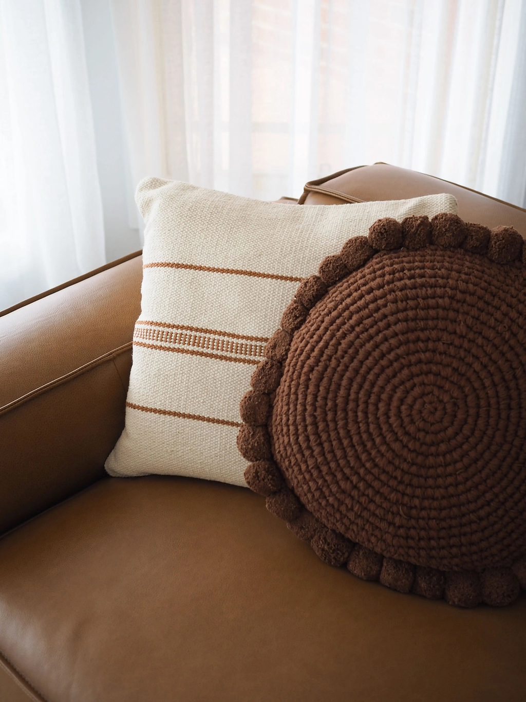 Luma Round Pom Pom Cushion in Cacao