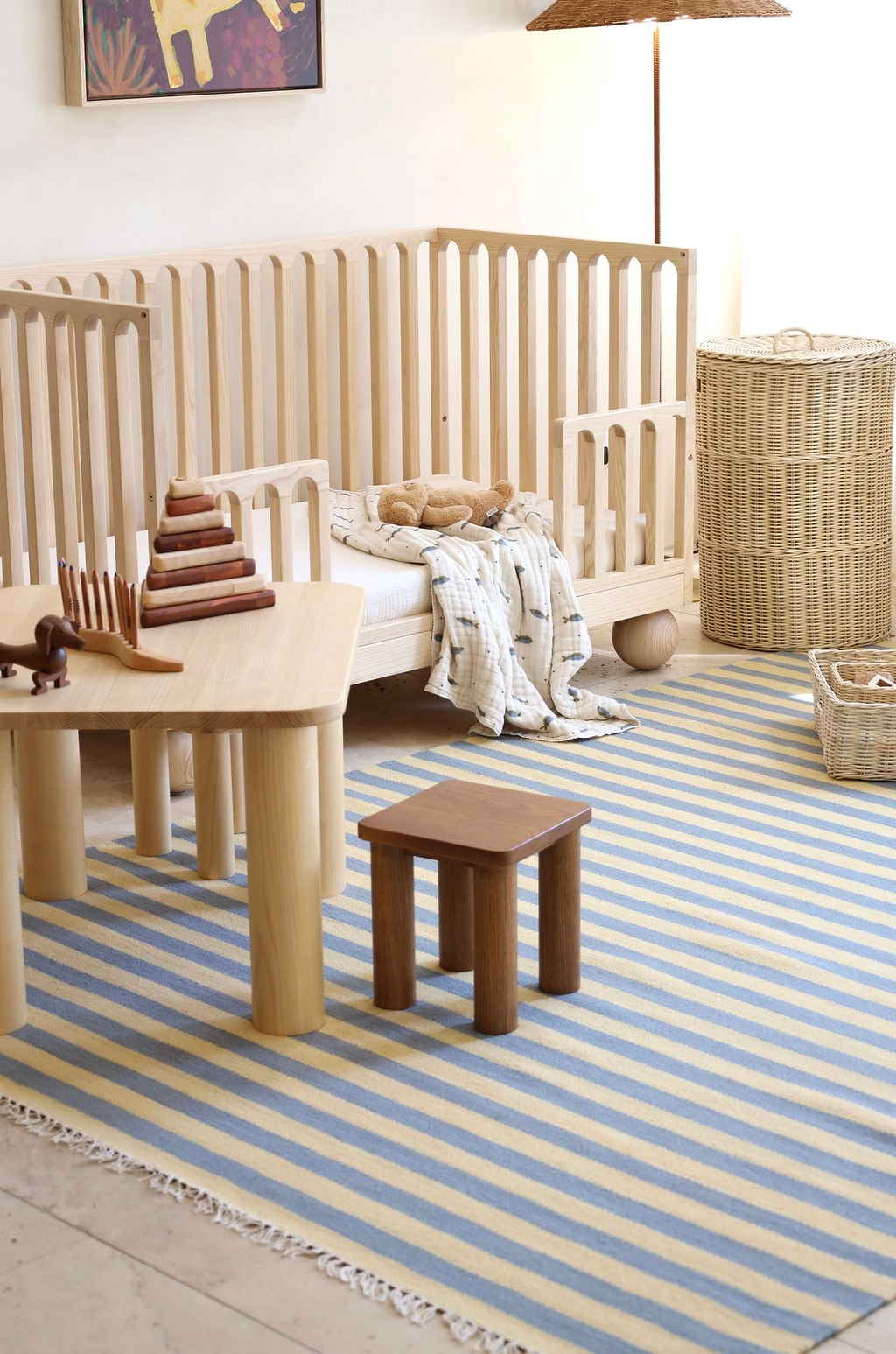 Solstice Striped Reversible Wool Rug in Butter and Sky Blue