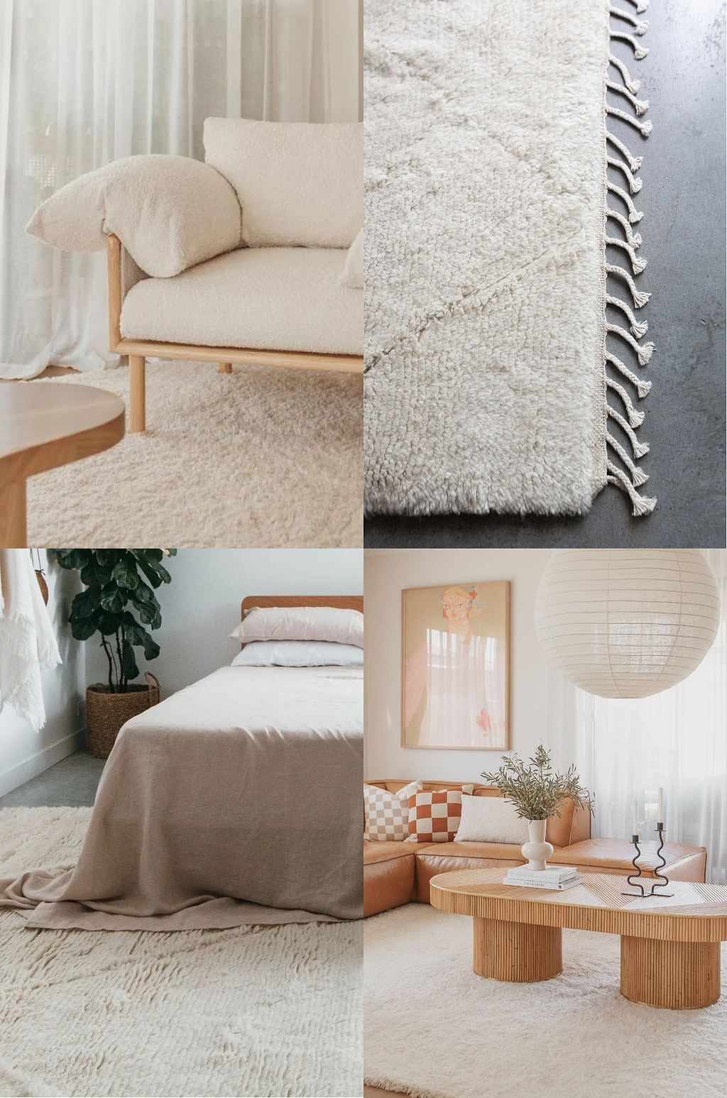Collage of neutral-toned home decor elements including furniture and decor items.