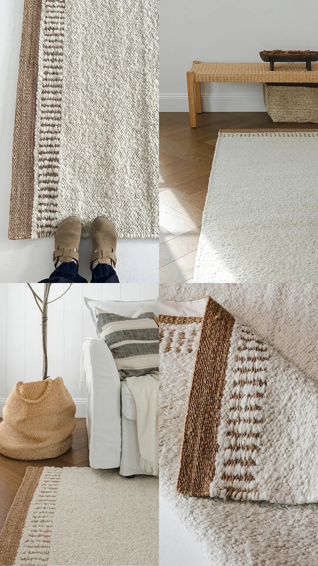 A collage of textured rugs and decor items in a living room setting.